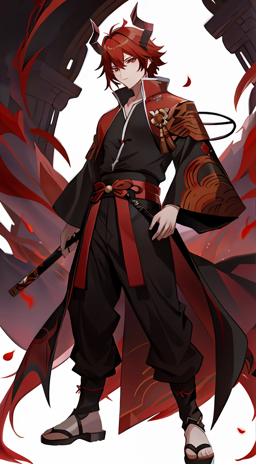 white backgrounid、Anime character with red hair and black costume holding a sword, handsome guy in demon slayer art, demon slayer rui fanart, demon slayer artstyle, keqing from genshin impact, inspired by Kanō Hōgai, ((wearing aristocrat robe)), badass anime 8 K, dragon-inspired cloth robes, onmyoji detailed art, beautiful male god of death
