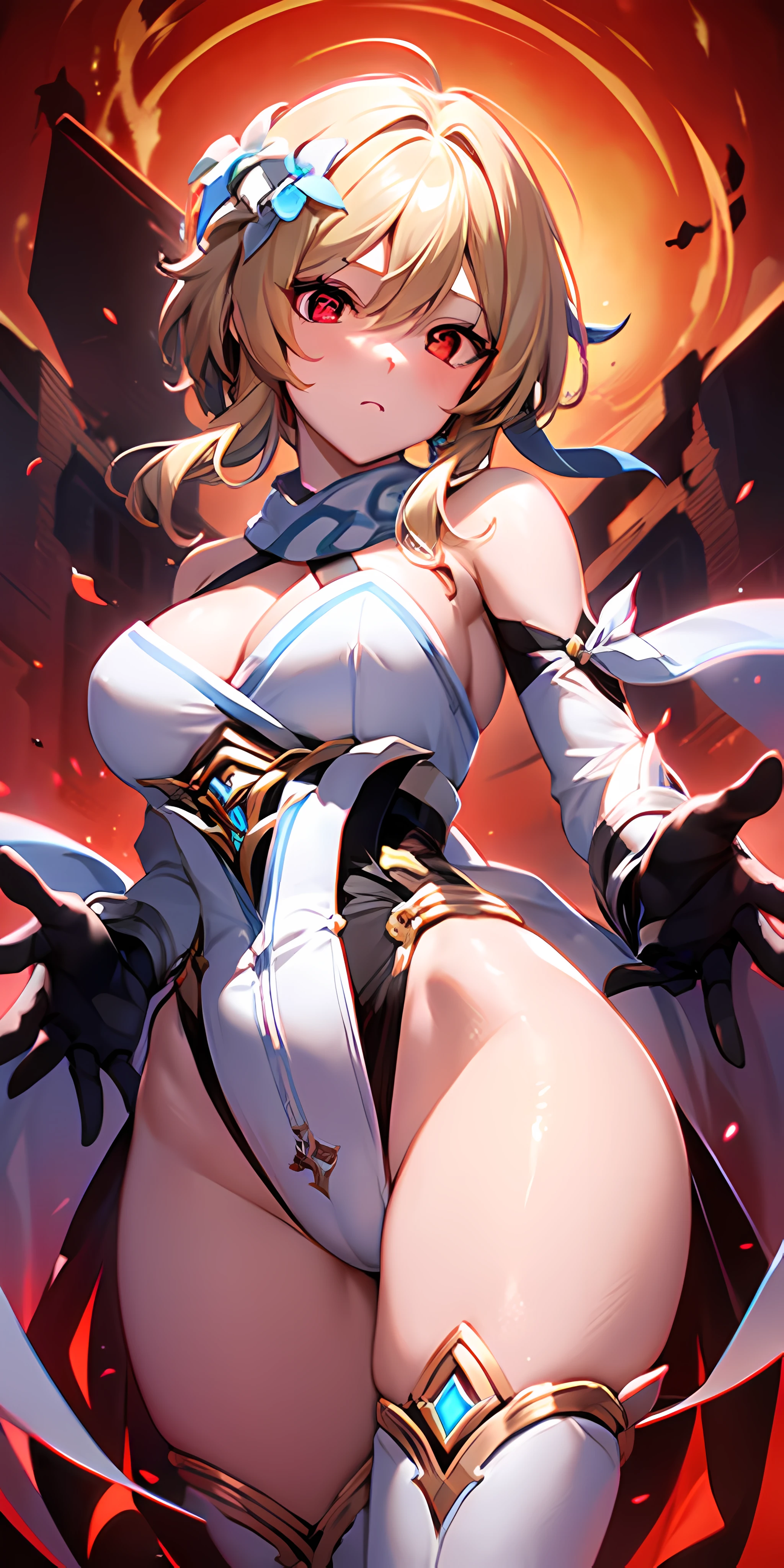 1girll, Solo, Luminedef, cleavage, standing, (Glowing red eyes), (from below view), Red background,Ten suns hanging in the sky in the background