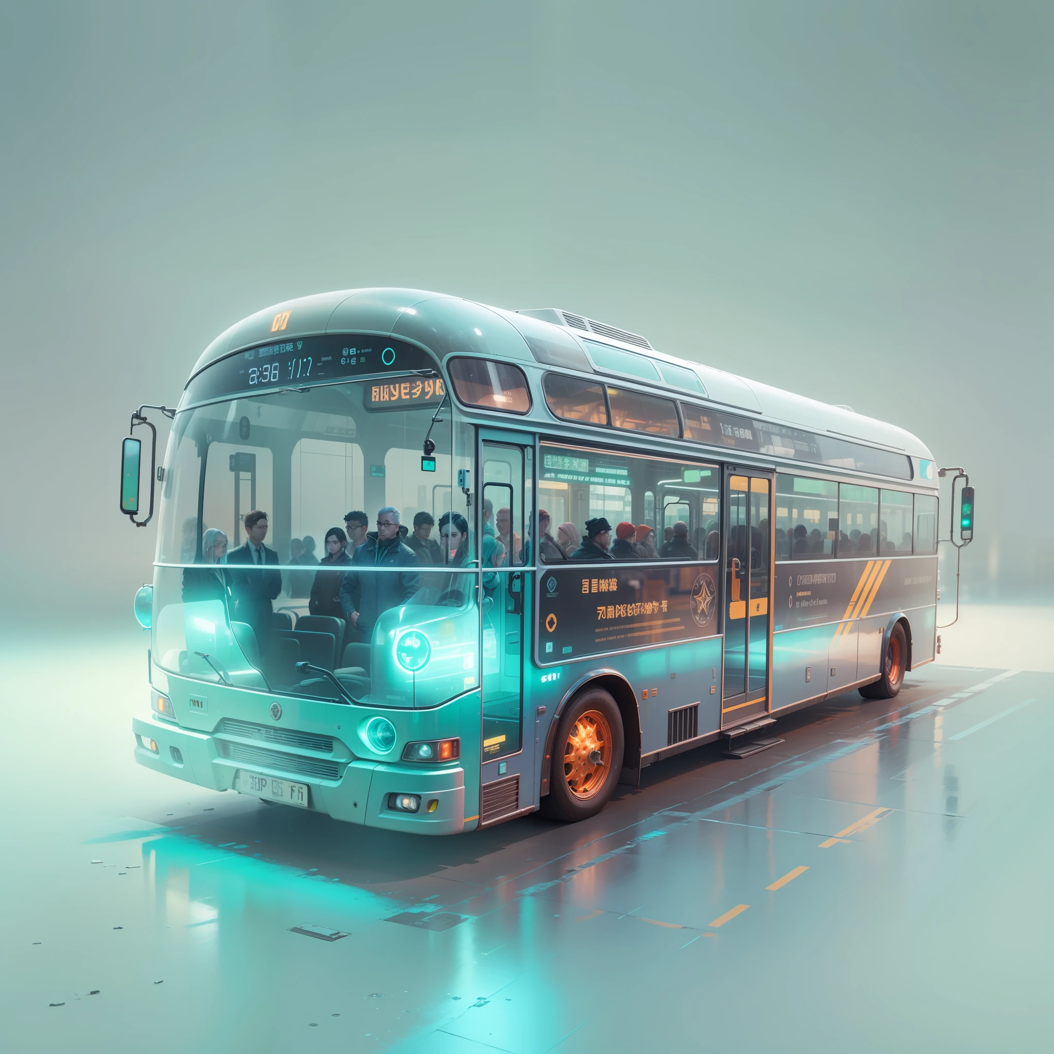 1 transparent bus, Colored Transparent plastic, Cyberpunk, Industrial design, clean, Luminous neon lamp, White background, Surrealism, UHD, high details, best quality, 4k