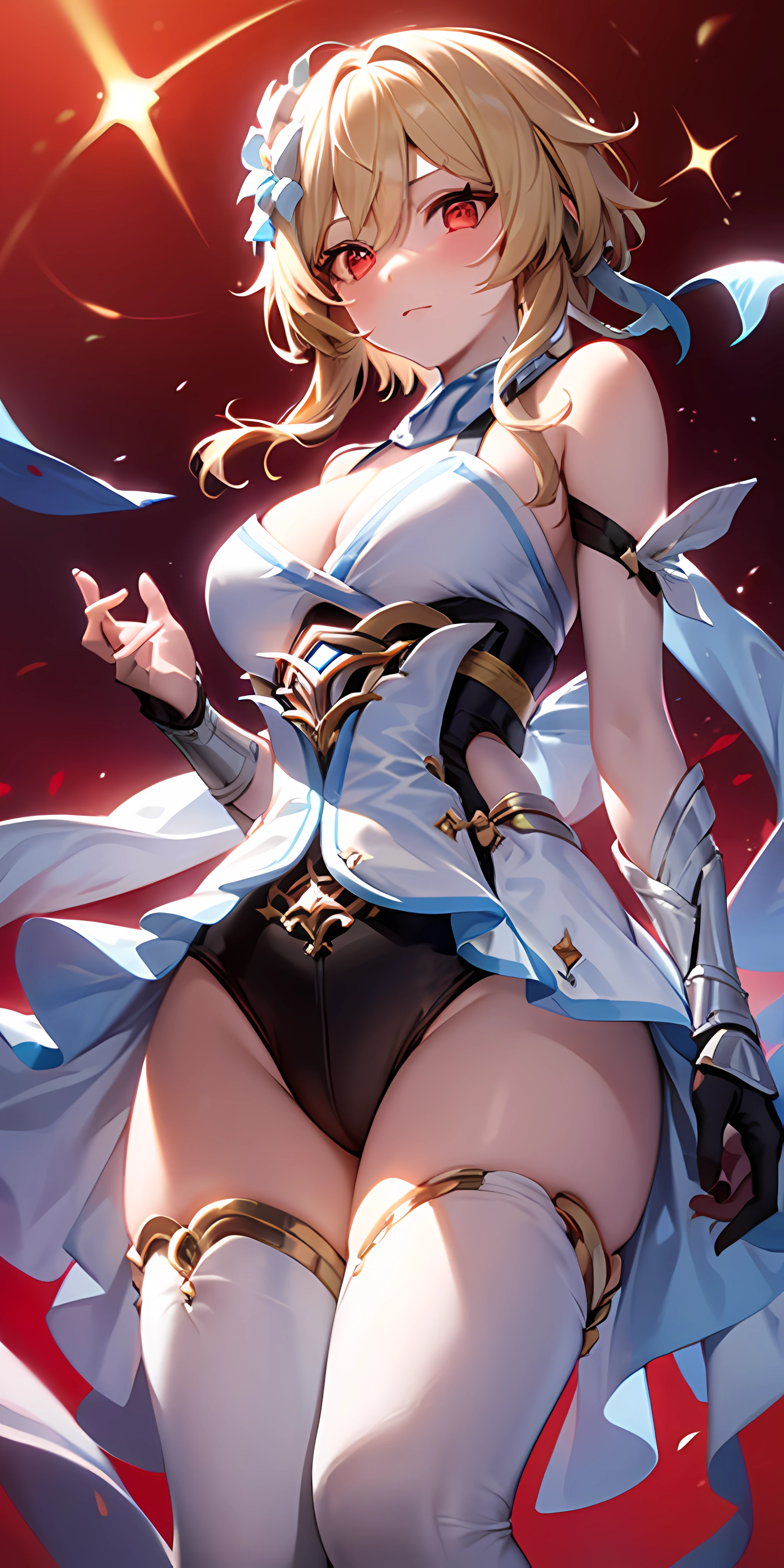 1girll, Solo, Luminedef, cleavage, standing, (Glowing red eyes), (from below view), Red background,Ten suns hanging in the sky in the background