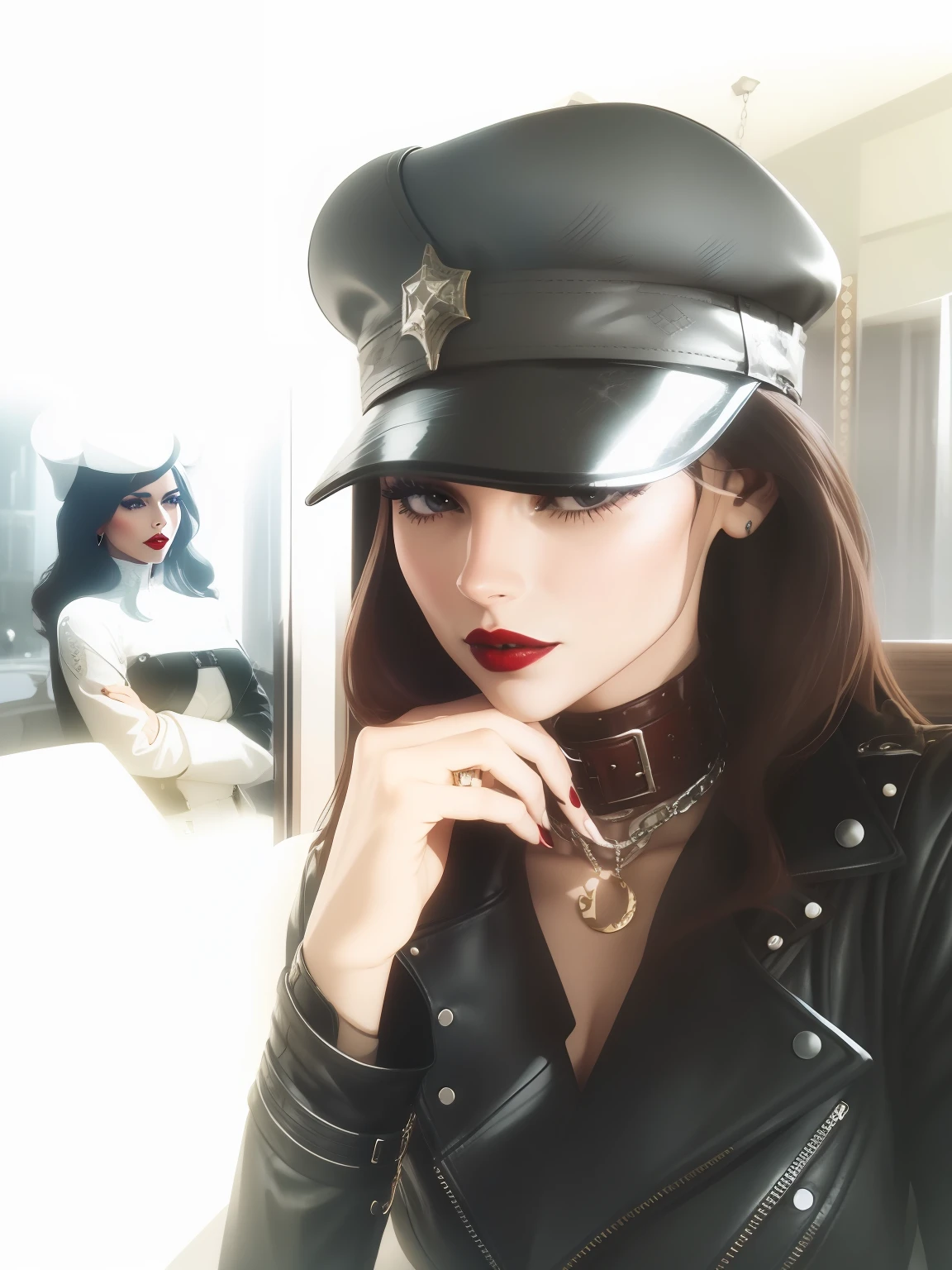 Royal sister，woman with hat，Woman in leather jacket，Woman with a collar，Woman wearing crimson lipstick