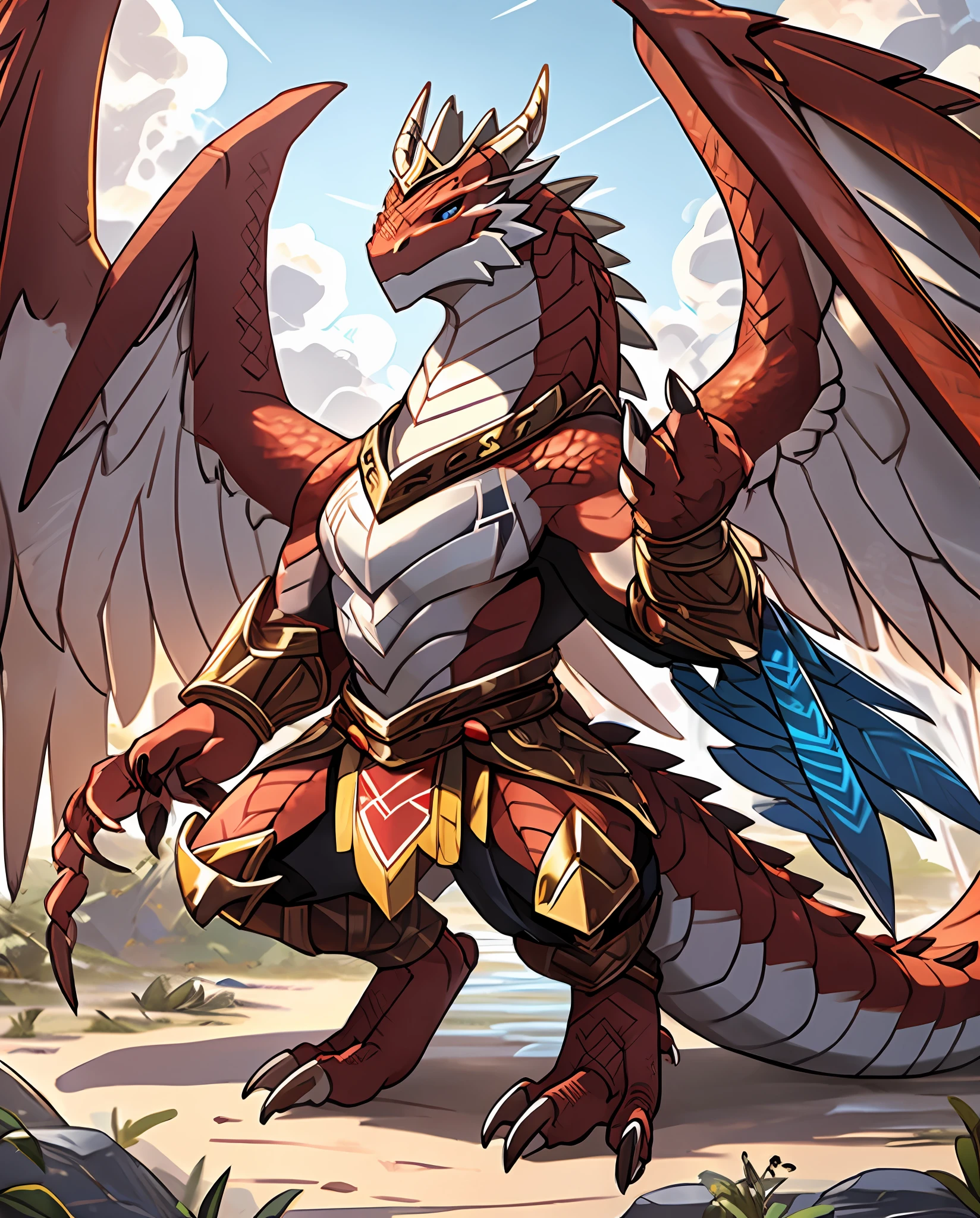Anthropomorphic Lizard, red-brown scales, red brown tail, yellow with white clawed hands, yellow with fushia talons feet, white feathered neck, silver metal helm with small horns and blue markings, silver metal wings, masterpiece, best quality