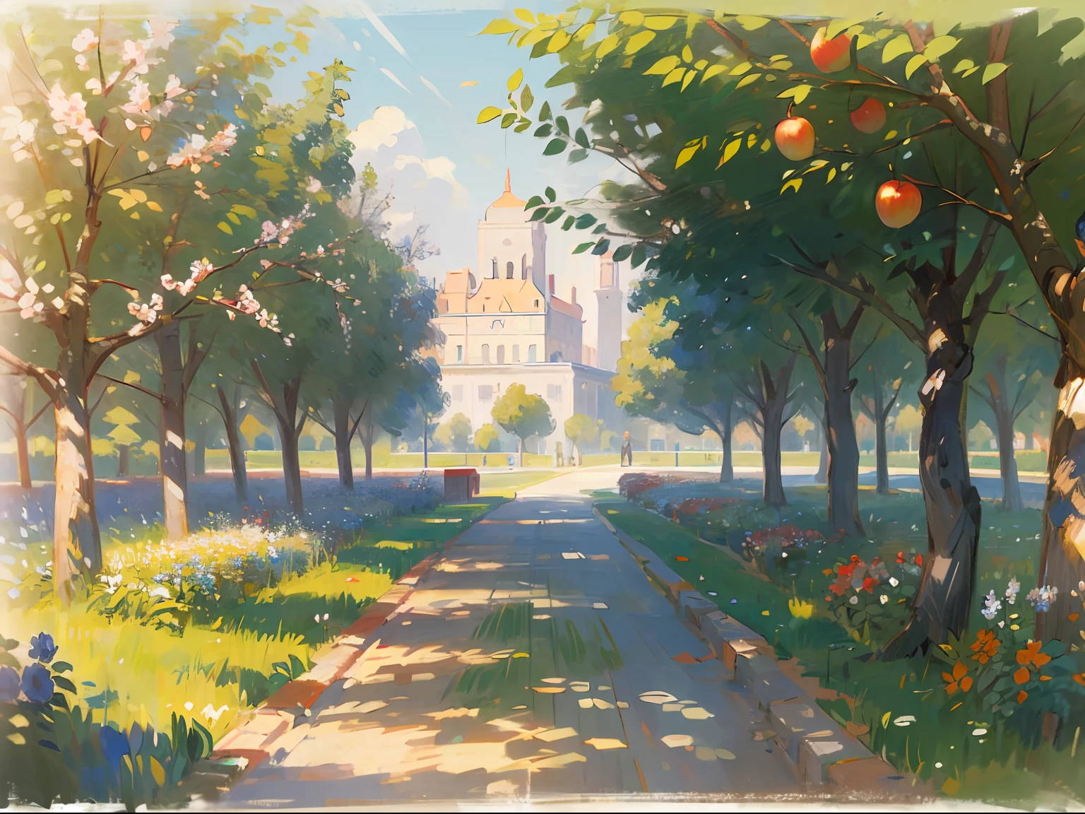 ((estate)), ((palace)), columns, garden, sunlight rays, the trees, Apple trees, (Flowers), (Renoir), (many), (oil painting), (Sketch)