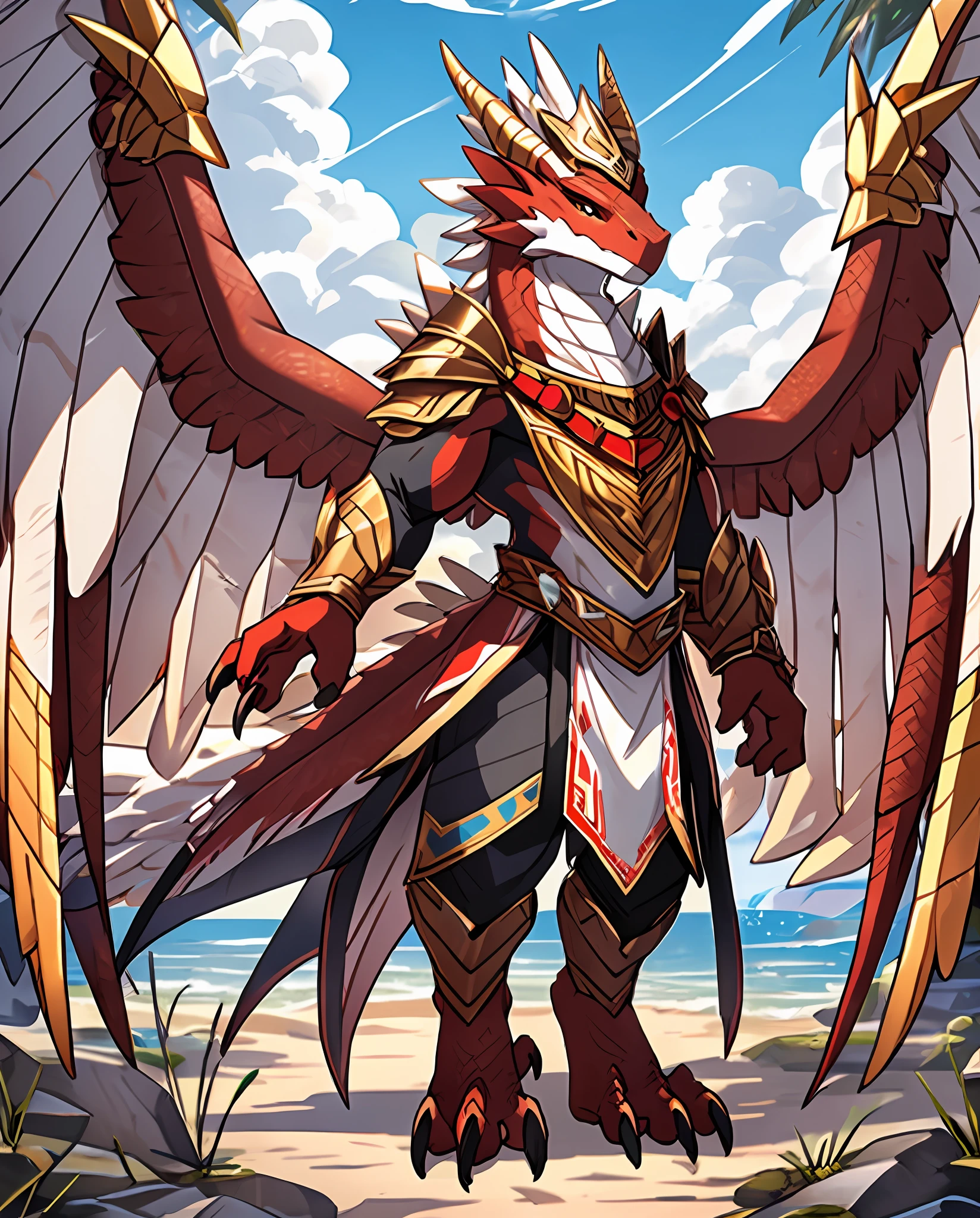 Anthropomorphic Lizard, red-brown scales, red brown tail, yellow with white clawed hands, yellow with fushia talons feet, white feathered neck, silver metal helm with small horns and blue markings, silver metal wings, masterpiece, best quality