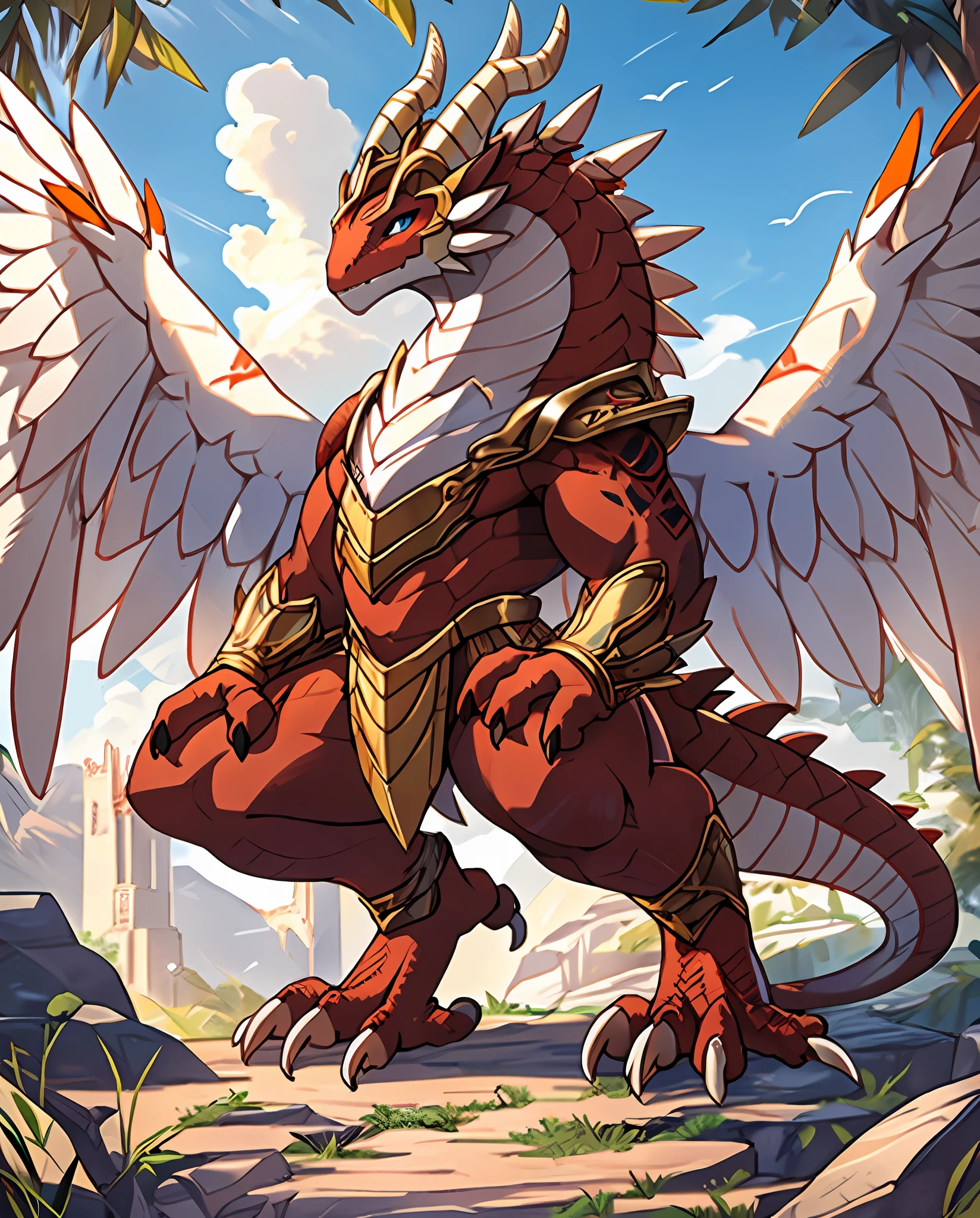Anthropomorphic Lizard, red-brown scales, red brown tail, yellow with white clawed hands, yellow with fushia talons feet, white feathered neck, silver metal helm with small horns and blue markings, silver metal wings, masterpiece, best quality