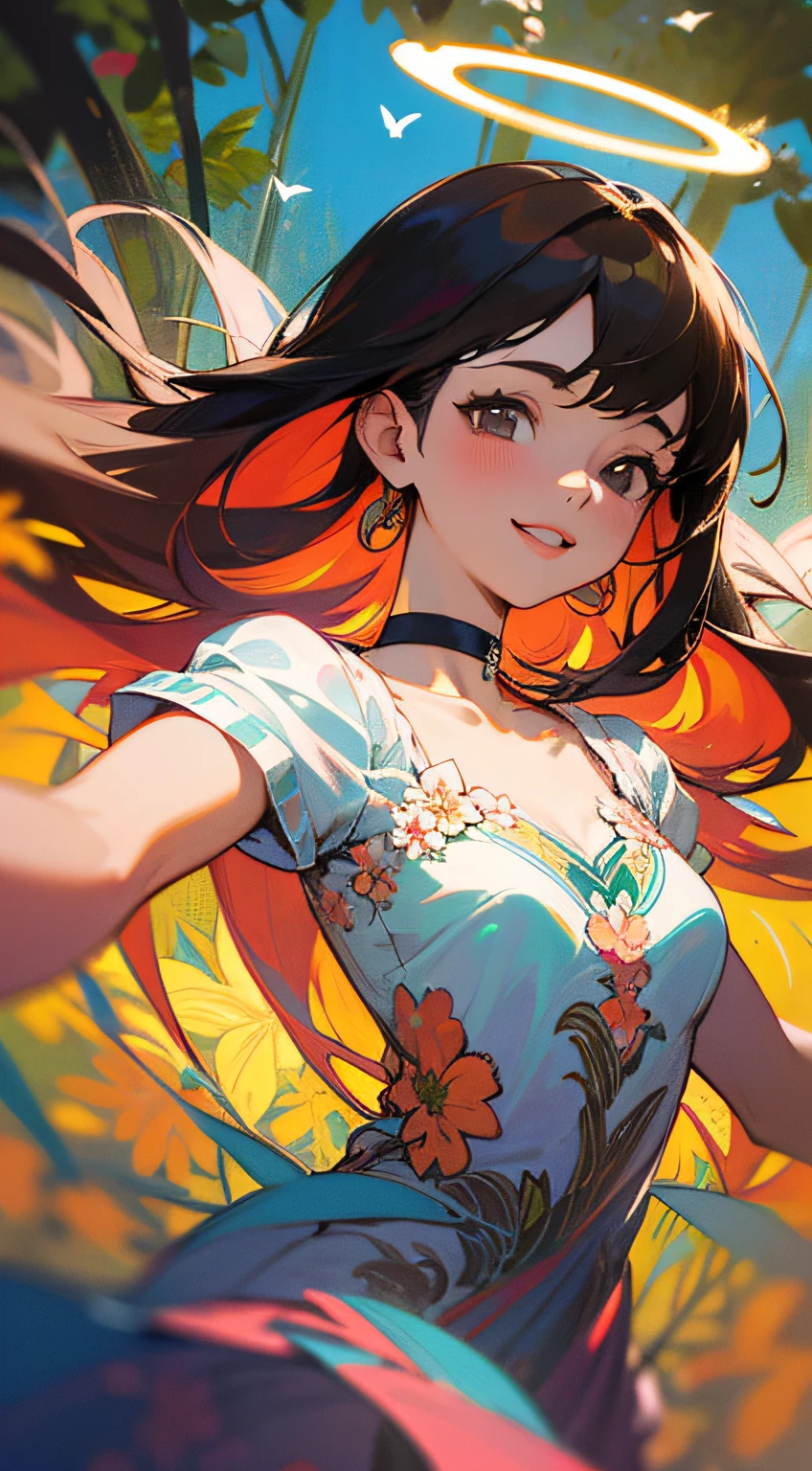 Alpha ounce Mucha, (Decorative composition: 1.6), Masterpiece, High quality, ((Photorealistic)), Film directed by, (High contrast), Depth of field, (Award-winning difference photos), detail in face, Detailed drawing, there is a place in the forest where flowers bloom, girl dancing in a snow-white summer dress in a flower garden, girl is , Very long hair,Brunette hair, Summer sky, Summer clouds, (dazzling sunlight in summer: 1.4), Flower garden, girl with open arms, choker necklace, corolla, Butterflies, Fluttering petals, dynamic movements, (Dance), Make a smile, teeth showing, (((florals))), lianas, leafs, (dazzling halo),