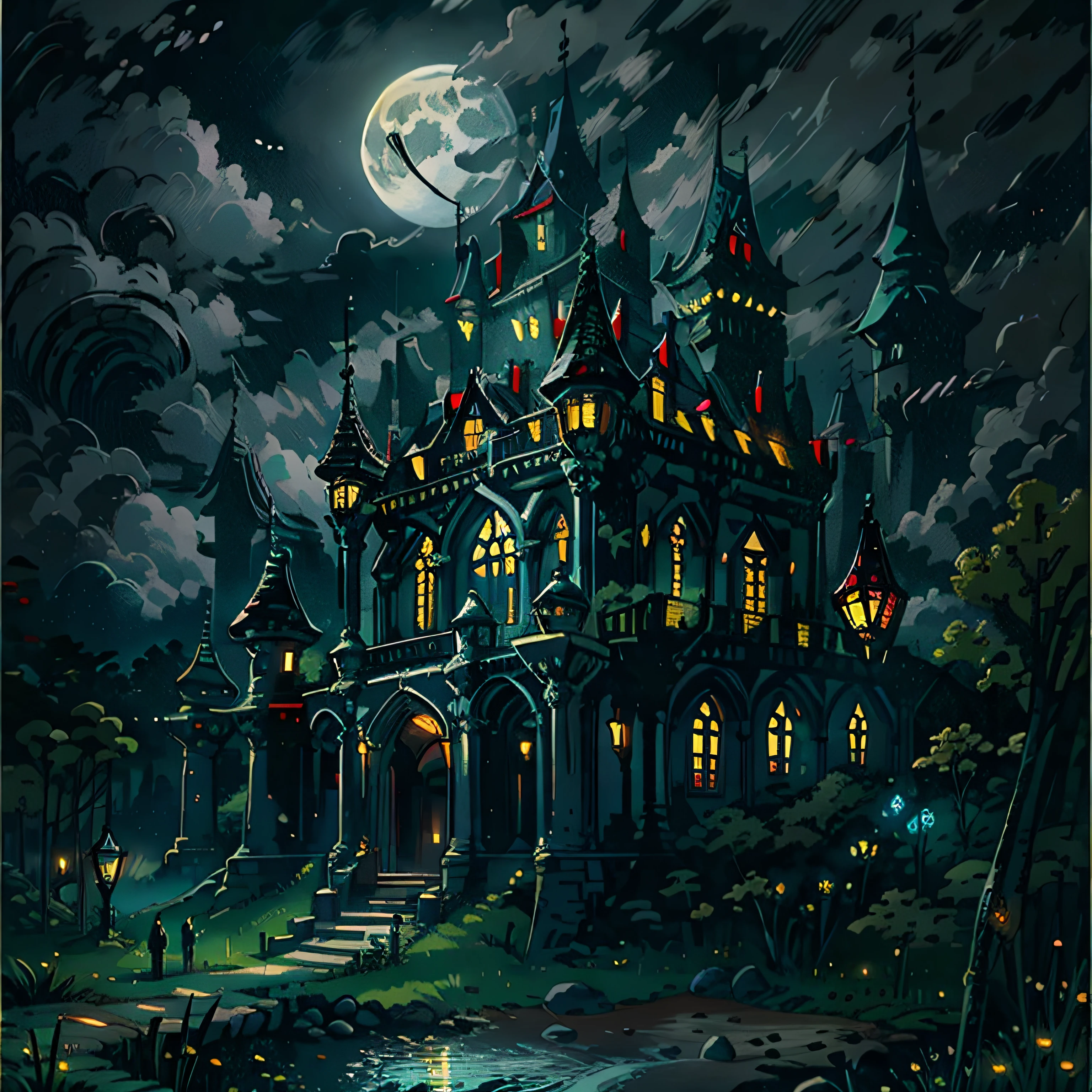 At night, a grand gothic castle, illuminated by a large moon, enveloped in a dark and mysterious ambiance."