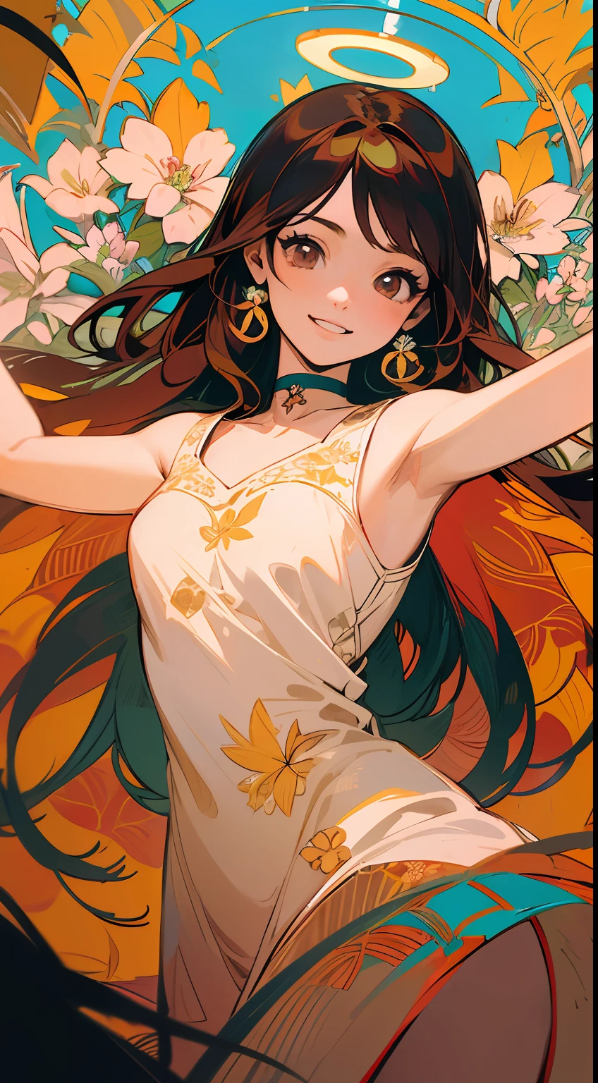 Alpha ounce Mucha, (Decorative composition: 1.6), Masterpiece, High quality, ((Photorealistic)), Film directed by, (High contrast), Depth of field, (Award-winning difference photos), detail in face, Detailed drawing, there is a place in the forest where flowers bloom, girl dancing in a snow-white summer dress in a flower garden, girl is 9 years old, Very long hair,Brunette hair, Summer sky, Summer clouds, (dazzling sunlight in summer: 1.4), Flower garden, girl with open arms, choker necklace, corolla, Butterflies, Fluttering petals, dynamic movements, (Dance), Make a smile, teeth showing, (((florals))), lianas, leafs, (dazzling halo),