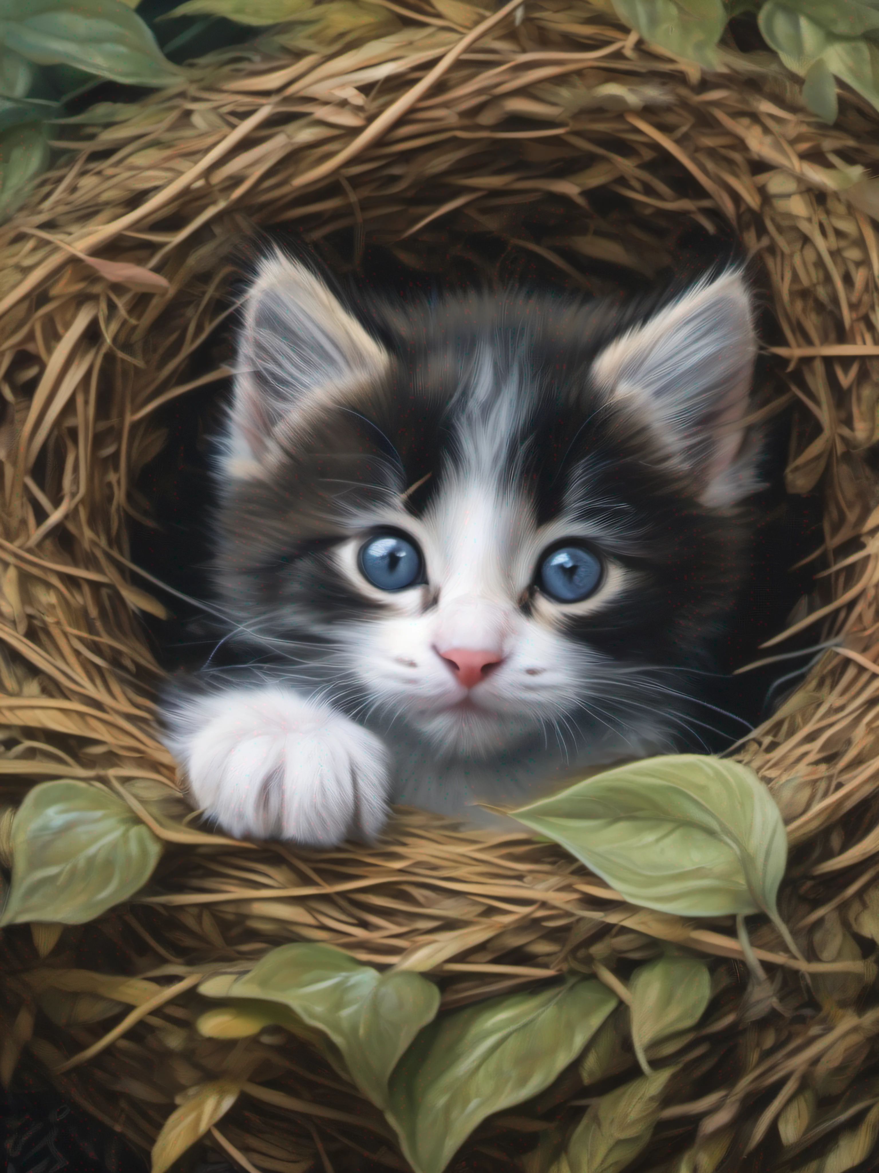 Black and white kitten, Kitten sleeping in a bird's nest, Summer in Japan, Ne pas attirer les yeux est inacceptable, Ultra HD 8K, Portrait conceptuel par Greg rutkowski, Artgerm, hyperdetailed, intricate high detail, Couleurs triadiques, Fantastique, intricate high detail, splash screen, Complementary color, 8k resolution, oil painting, coups lourds, softlighting, Photographie argentique, Photographie analogique, grain du film, hyperrealism, f/2.8, 35mm, Canon, god rays, super detail, ccurate, high details, award winning, best quality, 16k