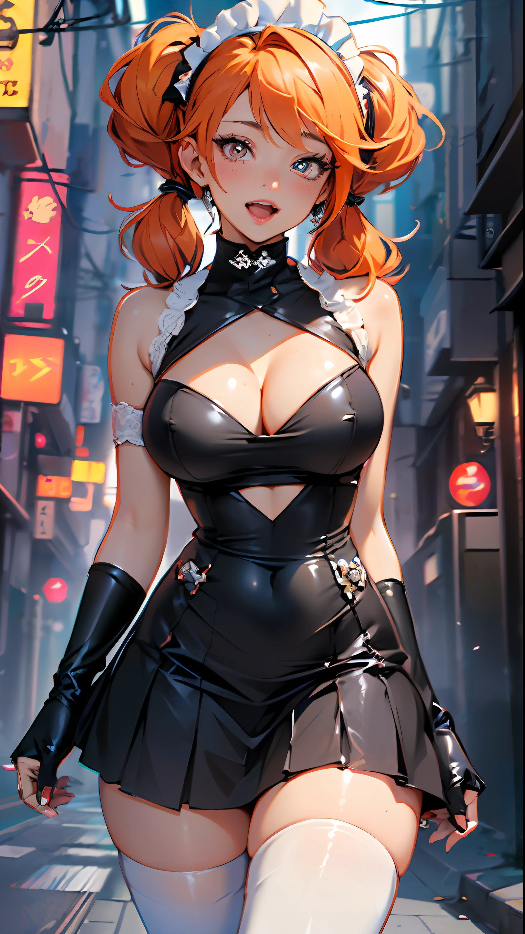 maid girl,(((1girl))),((anime maid girl with extremely cute and beautiful orange hair walking seductively down the street)),

(large breasts:1.4),bountiful breasts, fluffy breasts, H cup bust, bust up, bulging bust top,(((orange twintails hair:1.35,colored inner hair,twintails, ear breathing))),((heterochromia, eye1 orange, eye2 red, perfect eyes, upturned eyes:1.3, beautiful detailed eyes, finely detailed beautiful eyes:1, big highlight on eyes:1.2, slanted eyes)), ((fat)),(((lustrous skin:1.5,bright skin: 1.5,skin tanned,shiny skin,very shiny skin,shiny body,plastic glitter skin,exaggerated shiny skin))),(spider lower abdomen,narrow waist,wide hip,athletic body,inflated legs,delicate detailed fingers,detailed body,detailed arms,human hands, detailed hands),

cute,slutty,seductive,erotic,nsfw, 

zettai ryouiki,(maid headdress), maid uniform, Headdress, (maid), sleeveless, mini skirt, boots, cleavage cutout, bare legs,clothes with a lot of lace frills,(detailed outfit,detailed clothes),

(dynamic pose:1.0),solo focus,happy,((open mouth)),,centered,scale to fit dimensions,Rule of thirds,

outdoors, ((night view)), (cyberpunk night street Background: 1.5,dark sky,alleyway,lonely alley,thick clouds, detailed background:1.25),

(best quality), (high resolution), (sharp focus), (ultra detailed), (extremely detailed), (extremely high quality artwork), 8k_wallpaper, (extremely detailed CG 8k),(very fine 8K CG), ((hyper super ultra detailed perfect piece)), flawless, (((masterpiece))), illustration, vibrant colors,  (intricate), High contrast, Selective lighting, Double exposure, HDR (High Dynamic Range), Post-processing, Background blur,