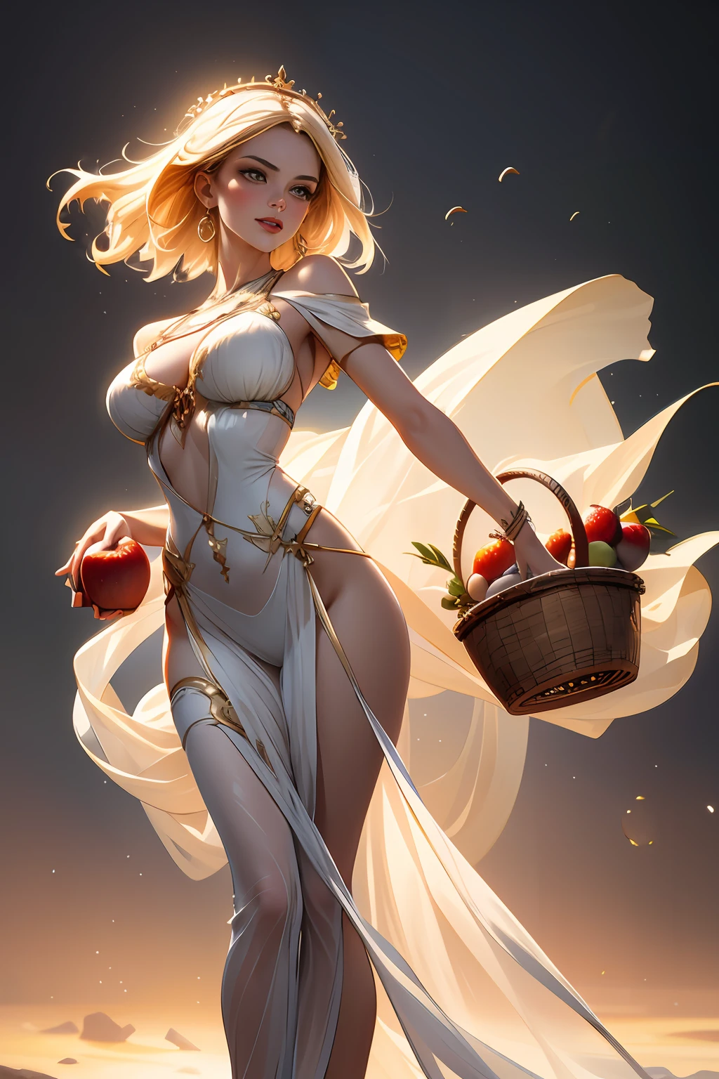 a painting of a woman holding a basket of fruit in her hand, peter mohrbacher'', inspired by Cynthia Sheppard, danile gerhartz, style of peter mohrbacher, wlop | by Zhou Chen, style of donato giancola, beautiful girl in transparent clothes, by Yang J, wlop art, beautiful fantasy painting, art of edouard bisson, celestial goddess, UHD, HDR, 8K, abstract expressionism, minimalism, well detailed juicy fruits, full body,  Cara por Tom Bagshaw Art Station, pubic hair view,Doncella diosa, splendid, salpicadura, Llama, Pluma y tinta fluidoas,cuerpo femenino completo, Beautiful Caucasian girl up close, Body in dynamic motion,fluido, 3d fractales, particuls