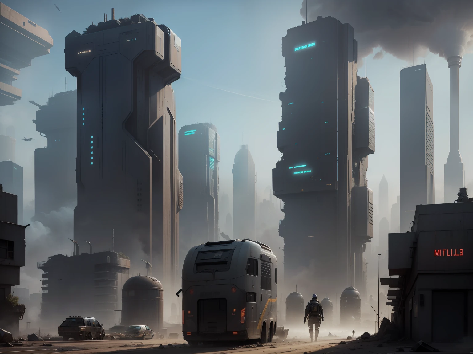 Create a realistic image of the great futuristic post-apocalyptic city, 64 mil
