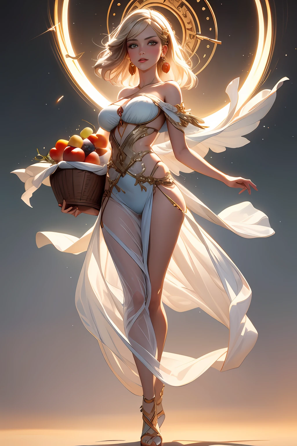 a painting of a woman holding a basket of fruit in her hand, peter mohrbacher'', inspired by Cynthia Sheppard, danile gerhartz, style of peter mohrbacher, wlop | by Zhou Chen, style of donato giancola, beautiful girl in transparent clothes, by Yang J, wlop art, beautiful fantasy painting, art of edouard bisson, celestial goddess, UHD, HDR, 8K, abstract expressionism, minimalism, well detailed juicy fruits, full body, Cara por Tom Bagshaw Art Station, pubic hair view,Doncella diosa, splendid, salpicadura, Llama, Pluma y tinta fluidoas,cuerpo femenino completo, Beautiful Caucasian girl up close, Body in dynamic motion,fluido, 3d fractales, particuls