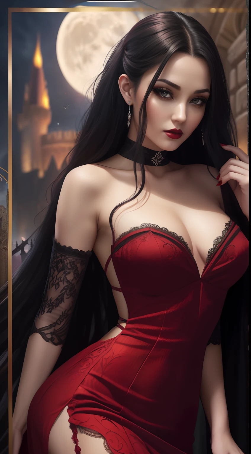 A Pretty Rogue with
Long black hair and captivating eyesBald skin and slightly reddish lips ((long red dress))and fluid with lacy detailsConfident and seductive pose, holding a fanNight scenery in an ancient Gothic castle, with the full moon in the sky