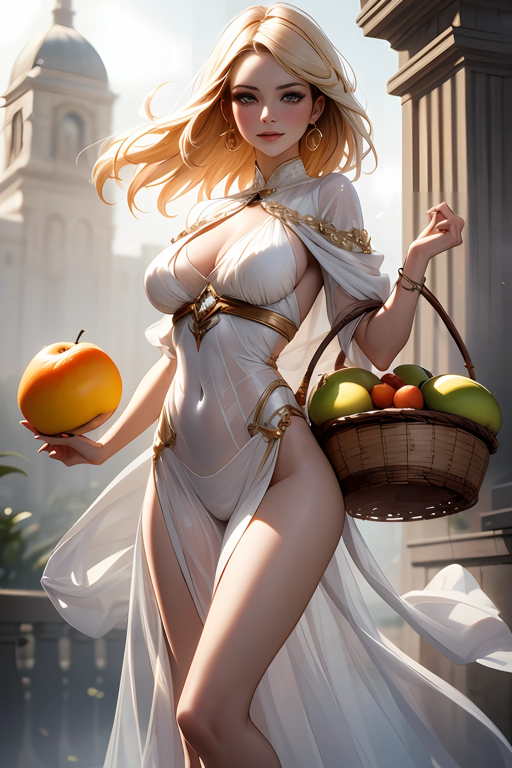 a painting of a woman holding a basket of fruit in her hand, peter mohrbacher'', inspired by Cynthia Sheppard, danile gerhartz, style of peter mohrbacher, wlop | by Zhou Chen, style of donato giancola, beautiful girl in transparent clothes, by Yang J, wlop art, beautiful fantasy painting, art of edouard bisson, celestial goddess, UHD, HDR, 8K, abstract expressionism, minimalism, well detailed juicy fruits, full body,  Cara por Tom Bagshaw Art Station, pubic hair view,Doncella diosa, splendid, salpicadura, Llama, Pluma y tinta fluidoas,cuerpo femenino completo, Beautiful Caucasian girl up close, Body in dynamic motion,fluido, 3d fractales, particuls