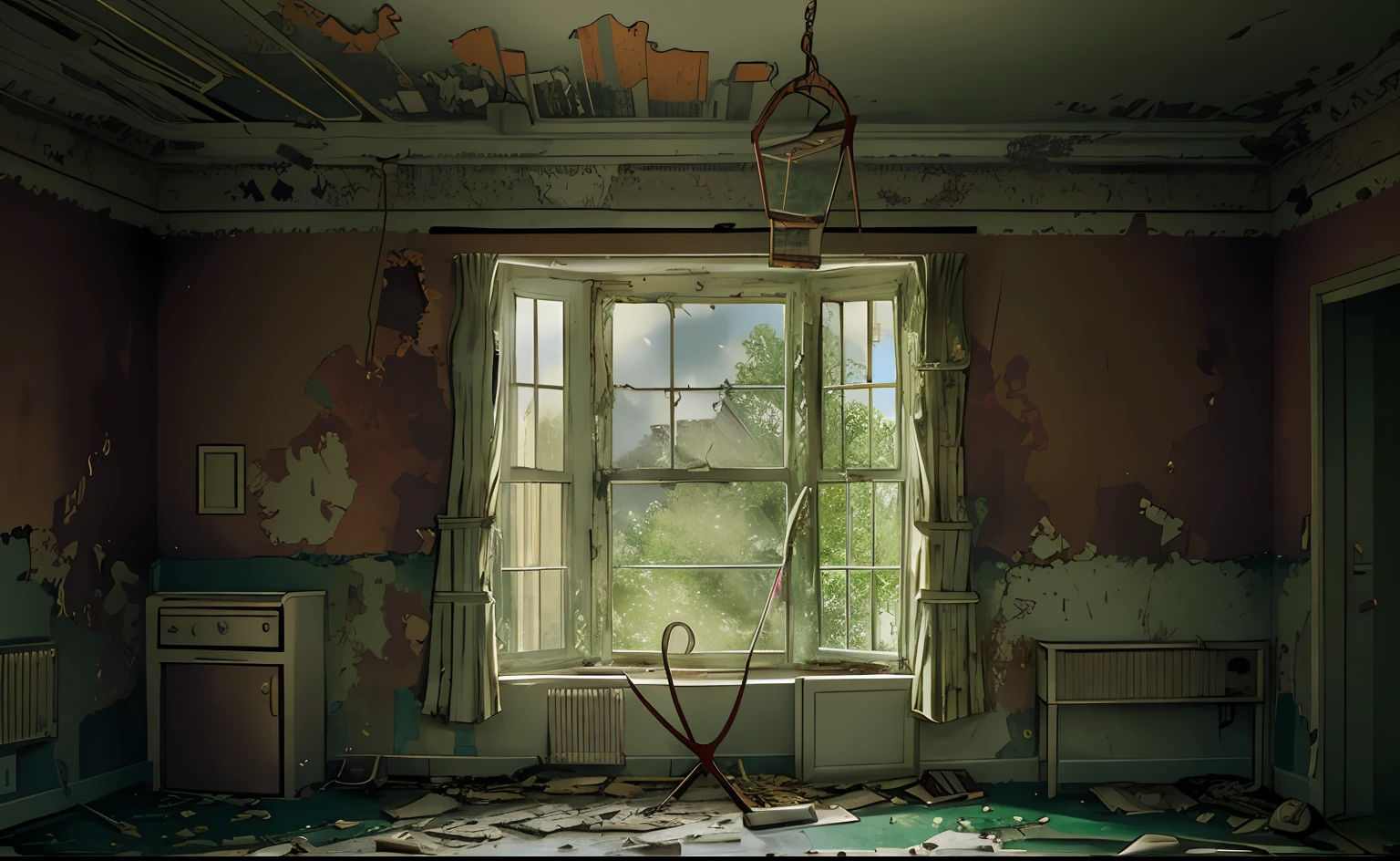 The room has a window with a racket, in an abandoned house, fading into dust and leaves, Abandoned hospital room, in an abandoned abandoned house, in a dilapidated hospital room, The interior of an abandoned house, in an old house. hyper realistic, Window in the foreground, The Abandoned Refuge, Abandoned Hospital, room with eerie feeling