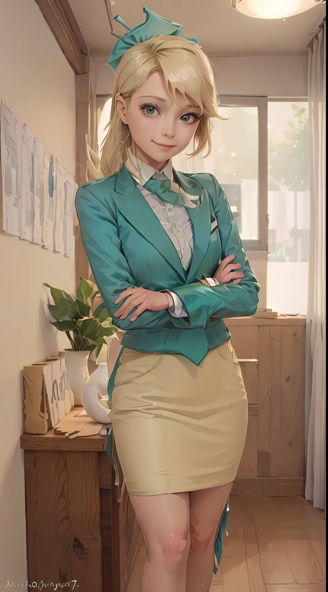 (masterpiece, best quality:1.2), cowboy shot, solo, 1girl, mlpapplejack, smile, looking at viewer, crossed arms, low-tied long hair, skirt suit, pencil skirt, high heels, office, full body