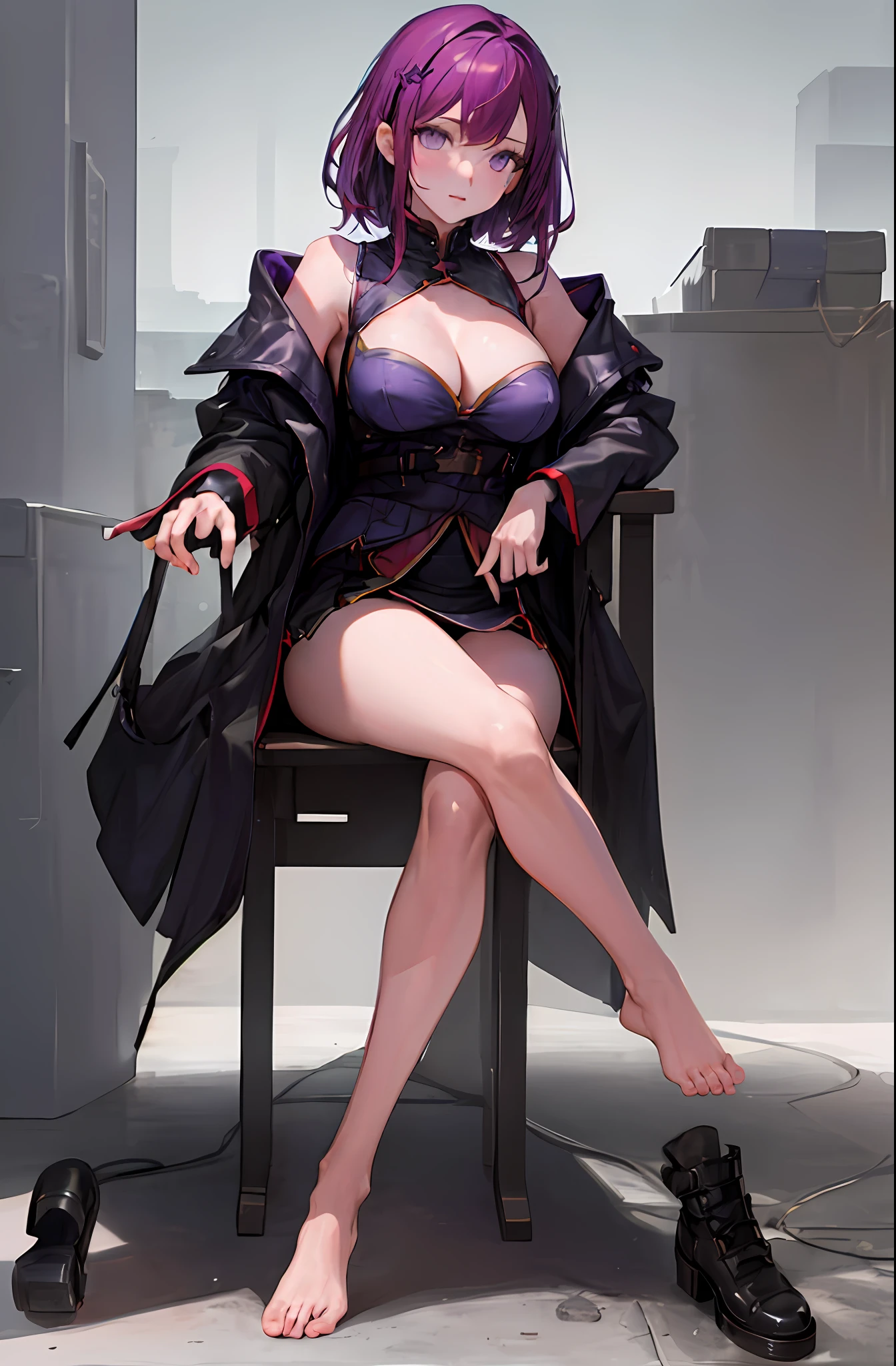 masterpiece, high resolution, detailed, ((detailed eyes)), semi realistic, Mirellia_Q_Melromarc, big_breasts, purple_hair, purple_eyes, sitting in throne, crossed legs, looking down at viewer, legs, barefoot, full body, feet