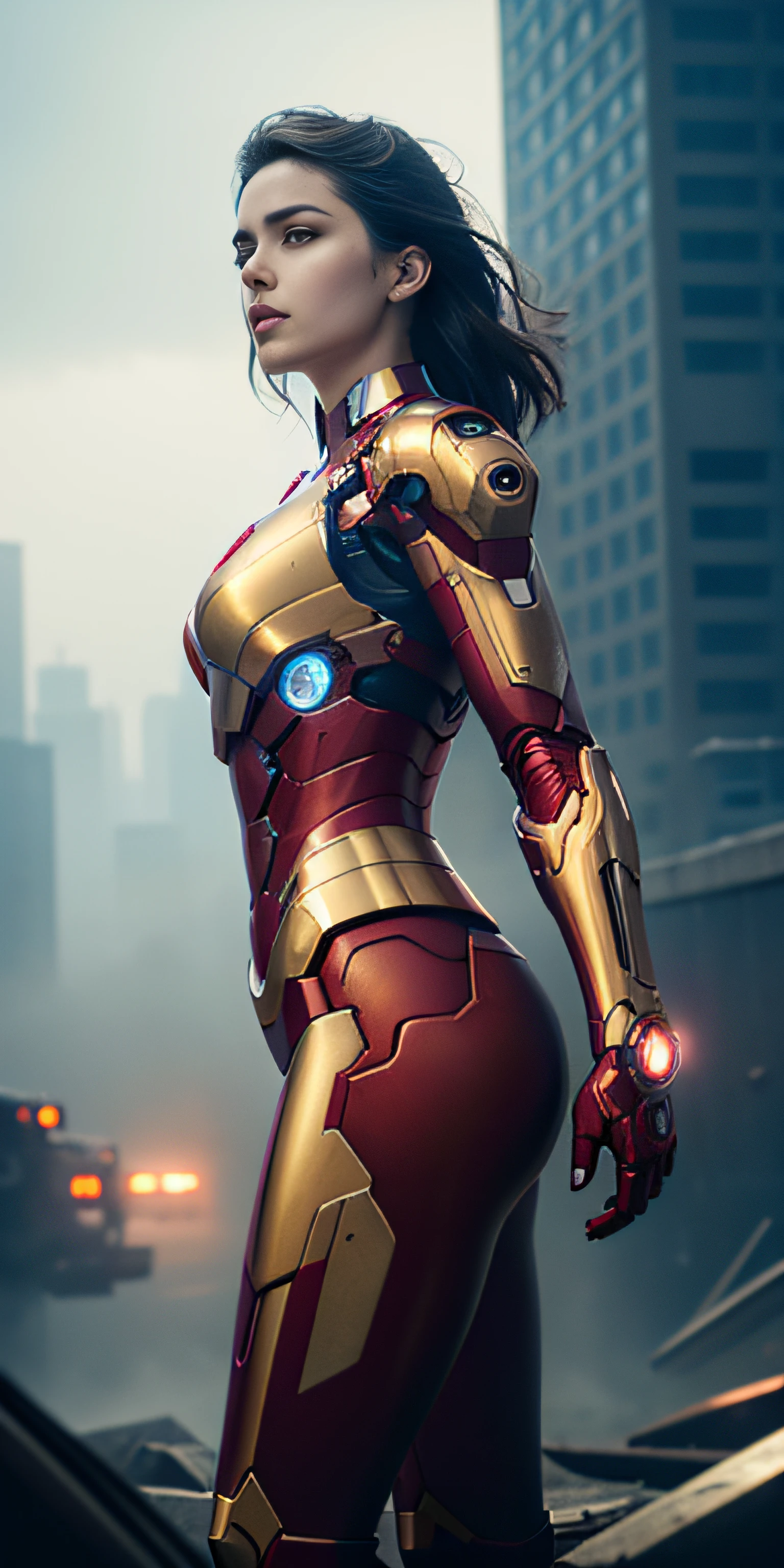 RAW, Masterpiece, Ultra Fine Photo,, Best Quality, Ultra High Resolution, Photorealistic, Sunlight, Full Body Portrait, Stunningly Beautiful,, Dynamic Poses, Delicate Face, Vibrant Eyes, (Side View) , she is wearing a futuristic Iron Man mech, red and gold color scheme, highly detailed abandoned warehouse background, detailed face, detailed and complex busy background, messy, gorgeous, milky white, high detailed skin, realistic skin details, visible pores , sharp focus, volumetric fog, 8k uhd, dslr camera, high quality, film grain, fair skin, photorealism, lomography, sprawling metropolis in futuristic dystopia, view from below, translucent