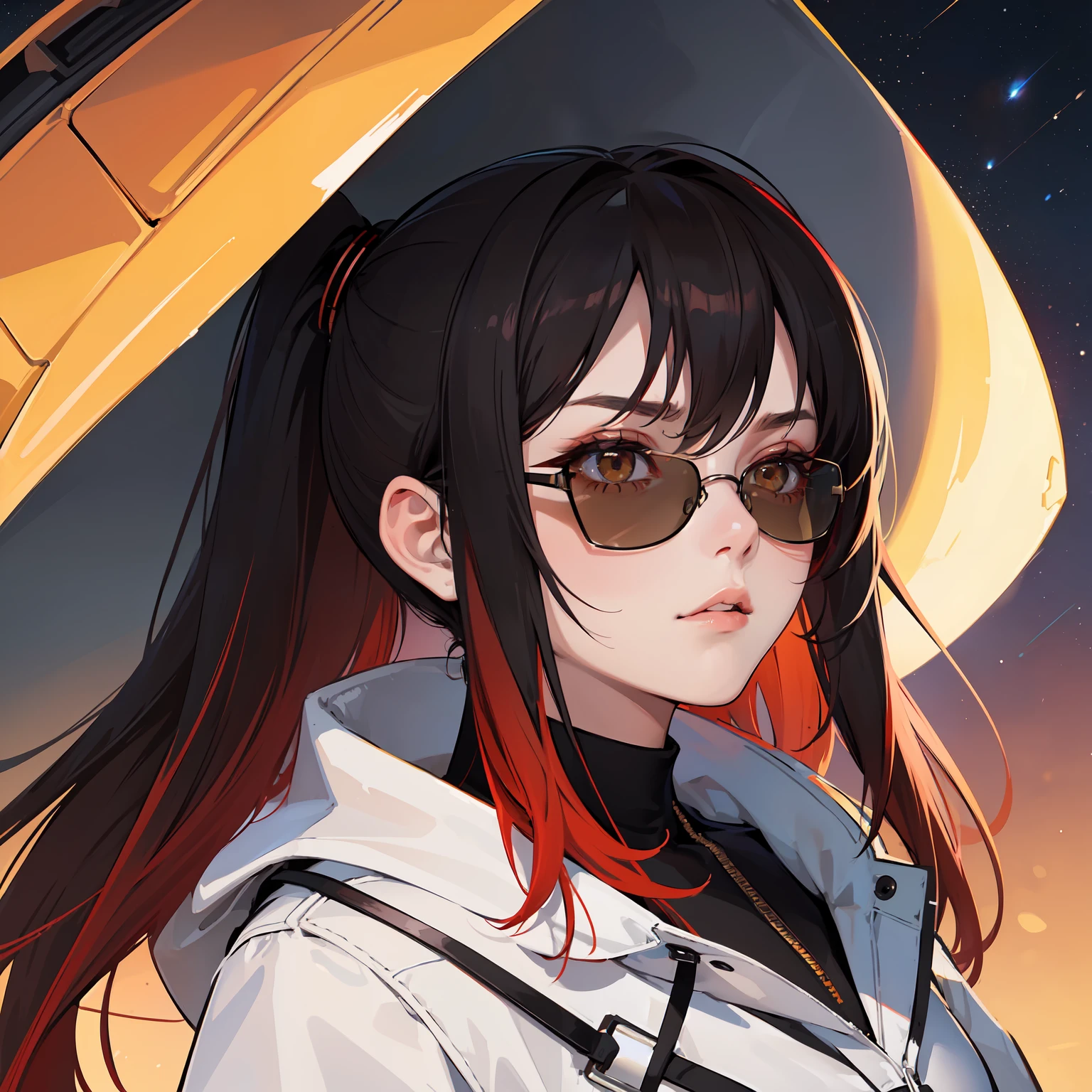 masterpiece, best quality, sharp focus, absurdres, ++ 1girl, coat, white coat, closed coat, black bodysuit, ((black hair)), (red hair), (gradient hair:1.2), forehead, ponytail, wavy hair, ((aviator sunglasses)), small breasts, ember yellow eyes, ++ close-up, face only, portrait shot, looking away, cold, serious, galaxy scenery, spaceship
