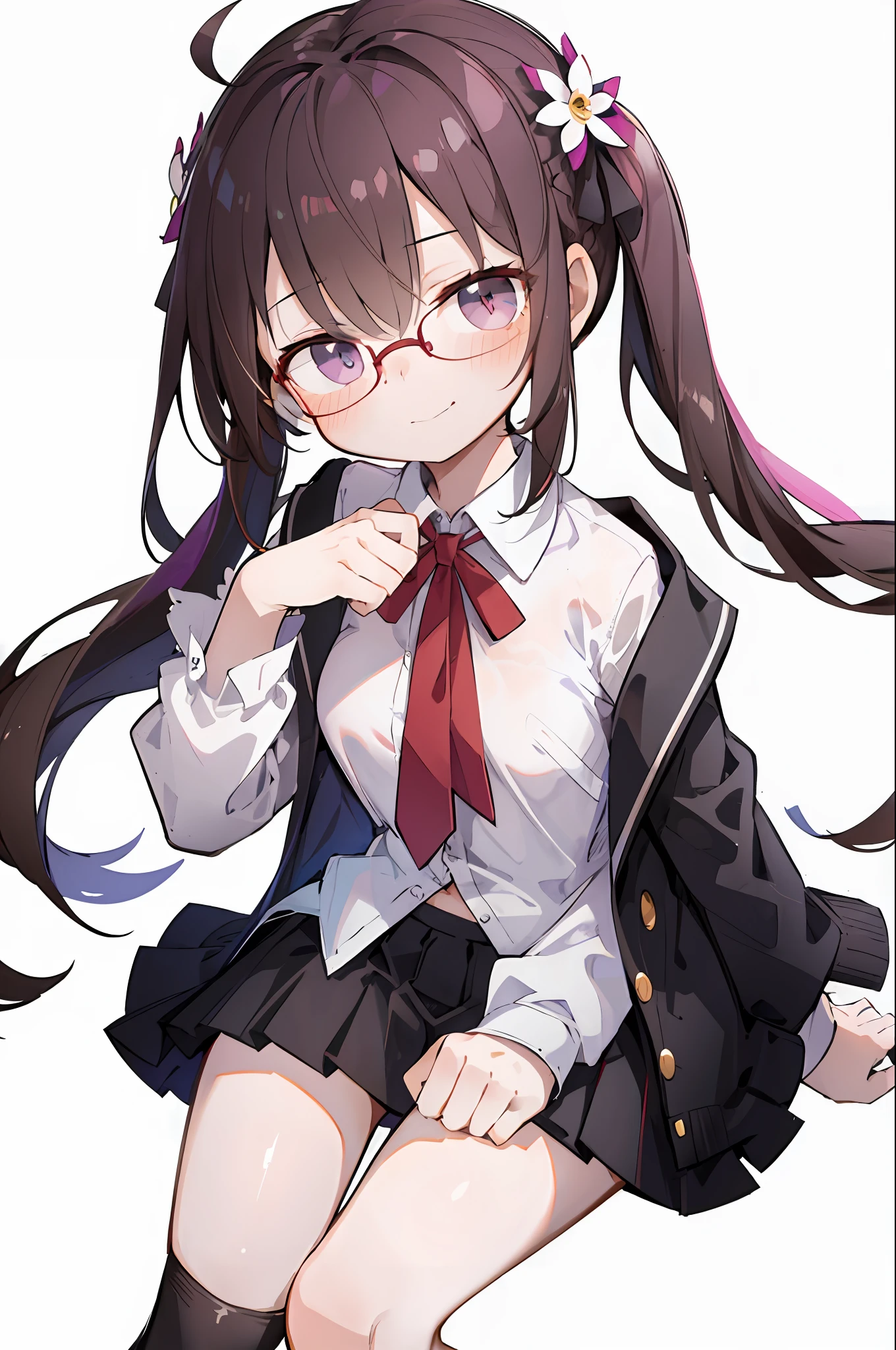 (masterpiece, best quality:1.3), 1girl, ahoge, black-framed_eyewear, black_skirt, blush, braid, breasts, brown_hair, buttons, cardigan, character_doll, closed_mouth, collarbone, collared_shirt, flower, glasses, groin, hair_flower, hair_ornament, hair_over_shoulder, hand_up, head_tilt, large_breasts, long_hair, long_sleeves, looking_at_viewer, looking_over_eyewear, low_twintails, miniskirt, navel, neck_ribbon, no_panties, open_cardigan, open_clothes, partially_unbuttoned, pink_cardigan, plaid, plaid_skirt, pleated_skirt, pocket_watch, purple_eyes, red_ribbon, ribbon, school_uniform, shirt, sidelocks, sitting, skirt, sleeves_past_wrists, smile, solo, twin_braids, twintails, very_long_hair, watch, white_background, white_flower, white_shirt