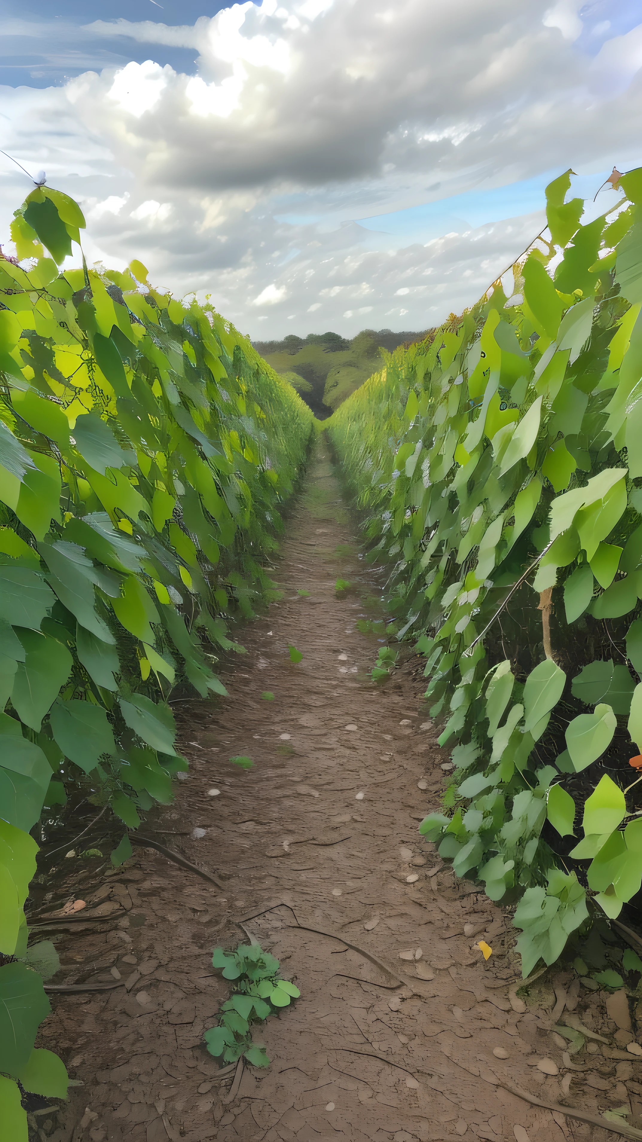 A closeup of a field of plants with a sky background, rows of lush plantations, trepadeiras espessas e densas, fileiras imaculadas de colheitas, lots of cotton plants, vinhas grandes, trepadeiras longas, connected to nature via vines, pequenas e densas vinhas intrincadas, OSR, em linhas, vines along the jungle floor, tirado no iphone 14 pro, ambiente encantador