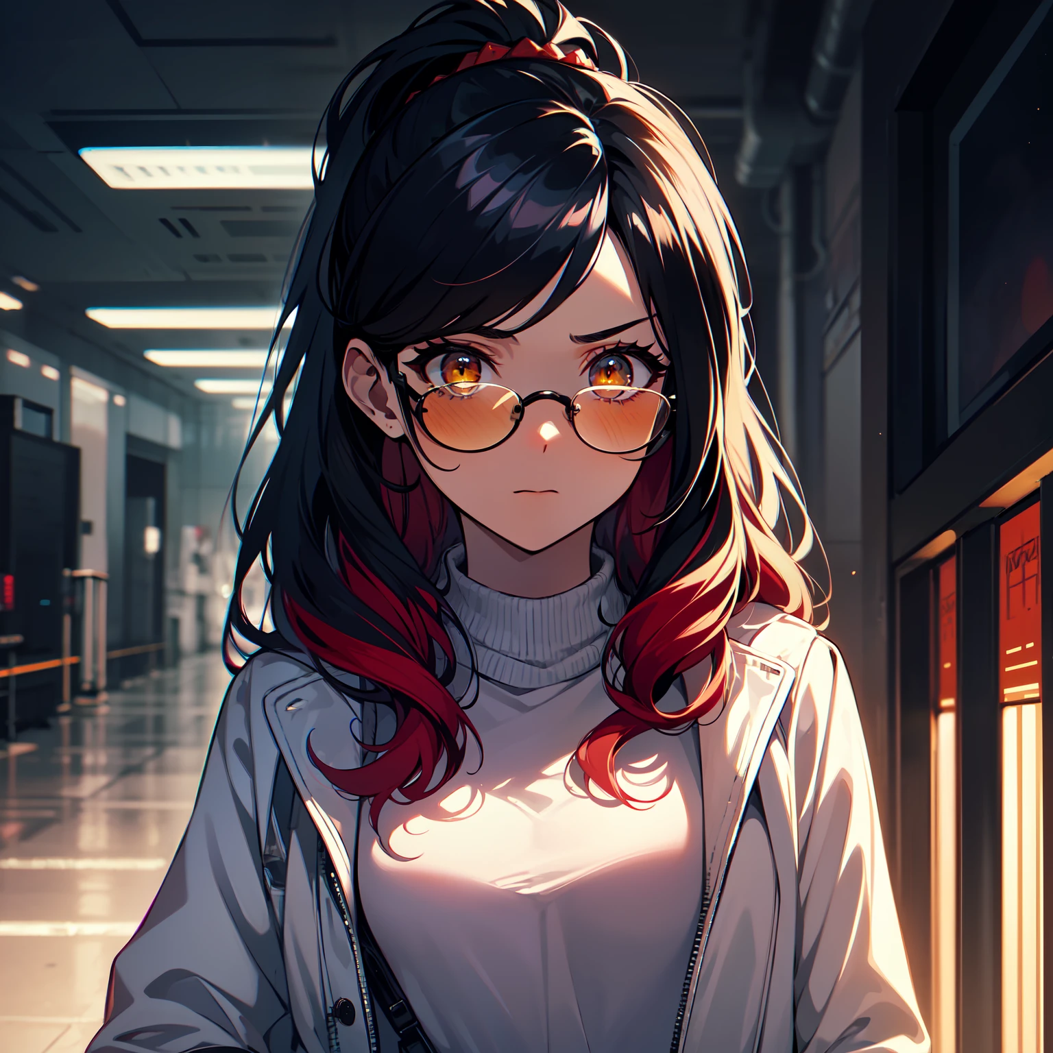 masterpiece, best quality, absurdres, 1girl, coat, white coat, closed coat, ((black hair)), (red hair), (gradient hair:1.2), forehead, ponytail, wavy hair, ((aviator sunglasses, dark glasses)), small breasts, ember yellow eyes, close-up, face only, portrait shot, cold, serious, galaxy scenery, spaceship, indoors, futuristic, cyberpunk