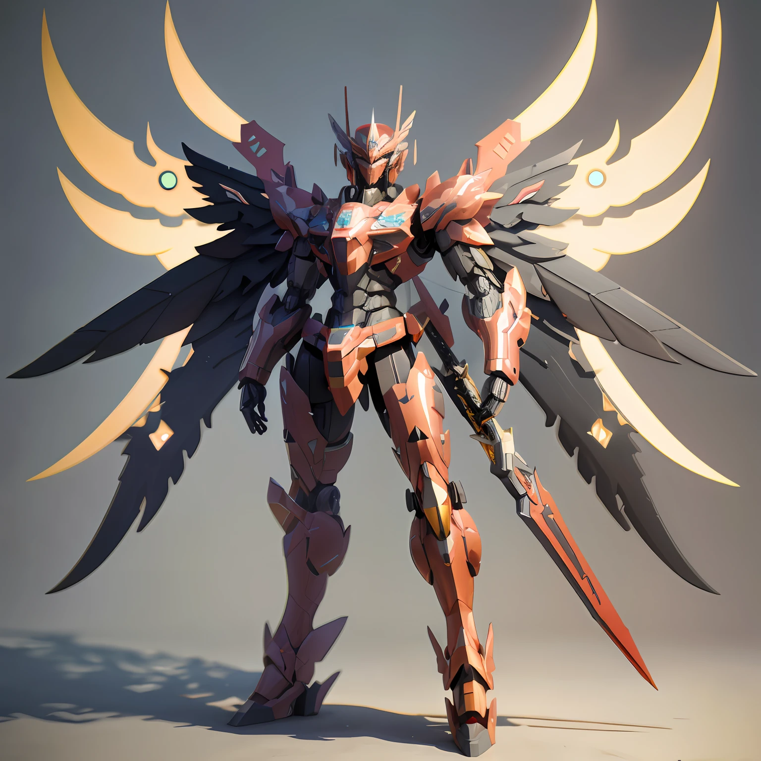 A robot with wings and a sword, Mecha wings, futuristic robot angel, armor angle with wing, anime styled 3d, 3 D rendering character art 8 K, greek god in mecha style,, cool mecha style, Mechanical weapon blade with light blade
