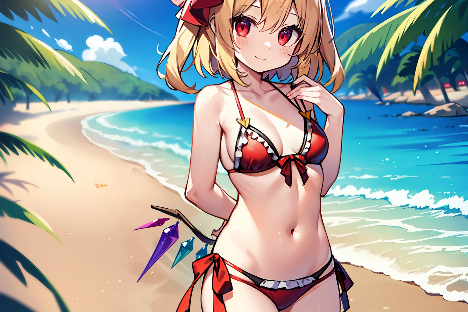 Flandre Scarlet、One Girl、ruffle bikini、the beach、small tits、smil、is standing