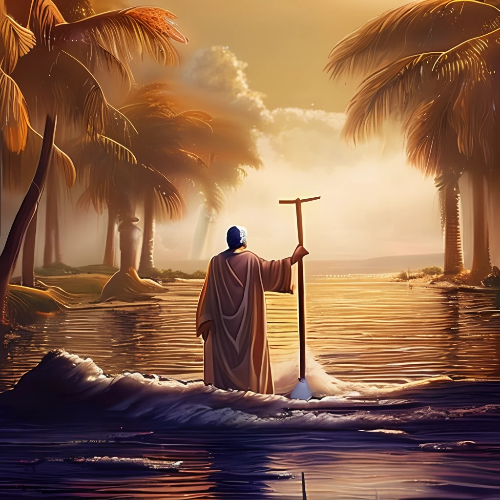 jesus walking on water, nuvens escuras ao fundo, epic biblical illustration,