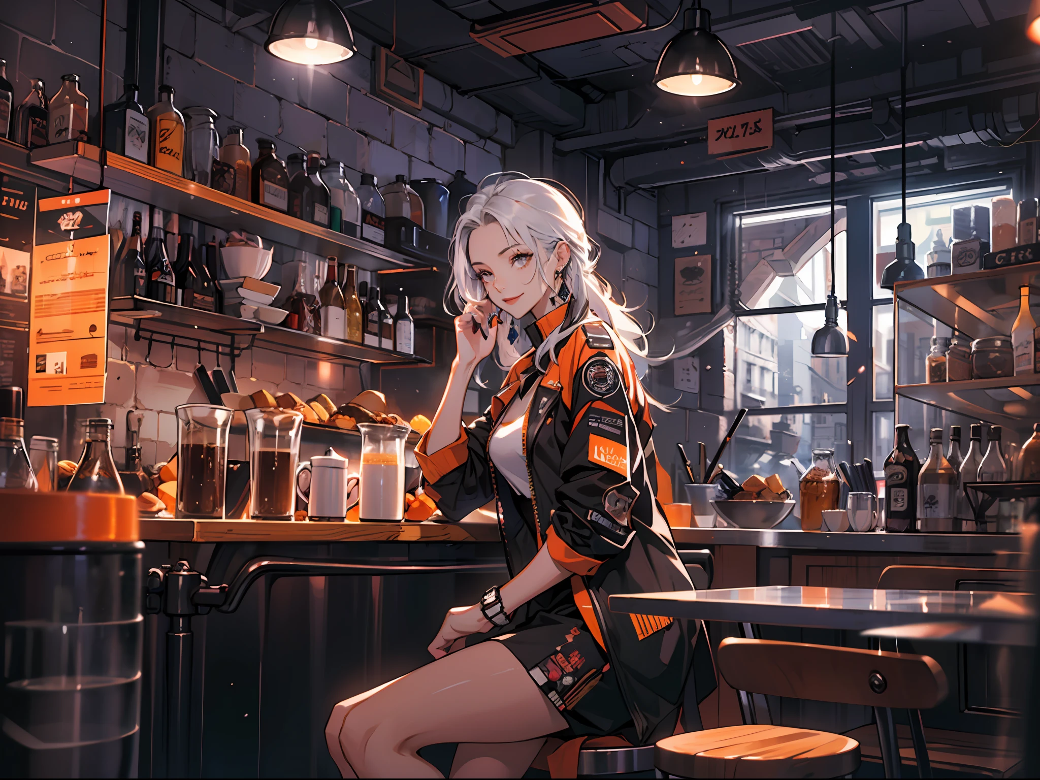 Best quality,tmasterpiece,Ultra-high resolution fills the picture,Indoor at night,Cafe in the sky,Orange color scheme for the café,There was coffee and beer,Cans,the night,inside in room,Coffee machine,Coffee lockers,Orange neon color scheme,Silver-white hair,Black fashion clothing,Orange and black matching outfits,boxer,Cafe beautiful girl,cyberpunk backgrouns,The background is colorful,Lateral face,Smiling,Various laid-back poses,Perfect makeup,Love eyes,8K quality,cyber punk perssonage,sense of science and technology,Character backlighting,rim-light,Movement changes,Flowing hairstyle,Loose hairstyle,The number of fingers is refined,The most beautiful girl in mankind,Wear a headband,Luminous accessories,Luminous earrings,Wear delicate accessories,Delicate close-up of the face,Realistic image quality,Super light and shadow,Very good figure,Meticulous,Have a cup or coffee on the roof in the evening,Very good figure,Raised sexy,luminous,Cool,Very stylish café,Cafe at night,opulent,Have food,Laugh happily,Hands can be placed in pockets