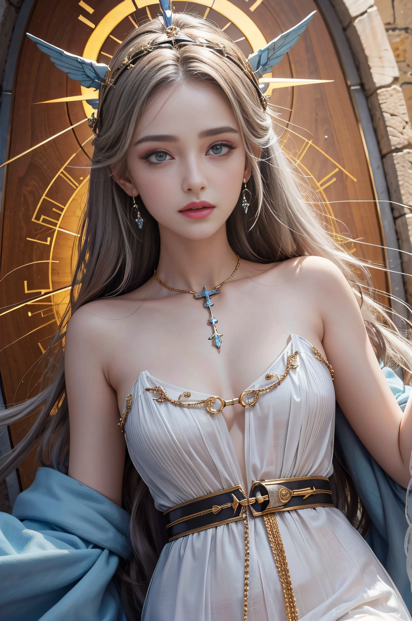 Prophetess，angelicales，Textured skin，light make-up，with a halo on his head，Hebrew style clothes，Leather belt，Hebrew earrings，Tattoo on the forehead，Beauty mole，Heterochromic pupils，Light smile，A high resolution，tmasterpiece，Best quality，Portrait of 1girl，Messenger of the Lord，bible，Antigo Testamento，Divine picture