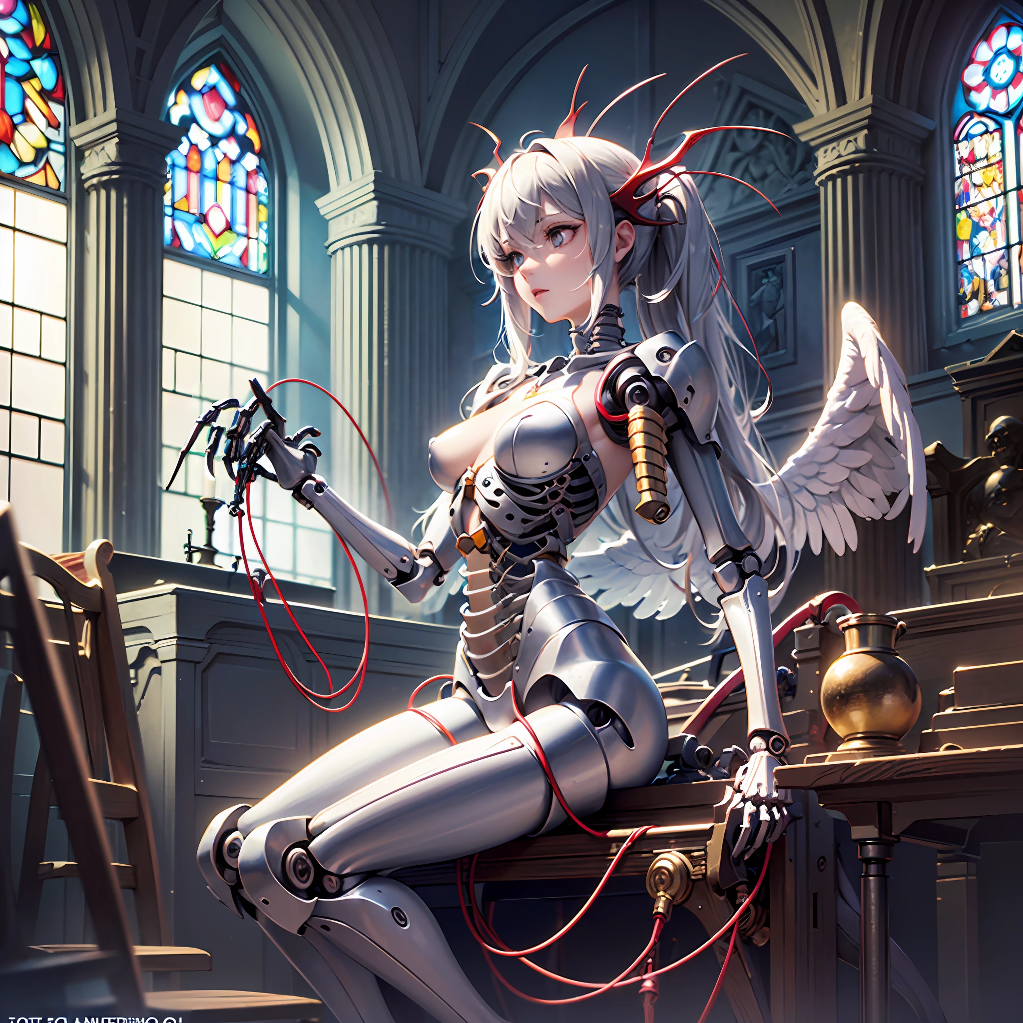 (masterpiece), (top-quality), (top-quality), masterpiece, (High Definition CG Illustration), ((extremely delicate and beautiful)), (Since a while ago), Cinematic Light, Grotesque Machine Girl, super realistic details, portlate, globalillumination, ultra-sharp, Convoluted, ornaments detailed, cold color, metals, highly intricate detail, Realistic light, radiant eyes, neon details, Mechanical limbs, blood vessels connected to tubes, Pipe connected to the crotch, Mechanical vertebrae attached to the back, mechanical cervial attaching to the neck, sitting on, Wires and cables connecting to the head, Smaller breasts, Small-eyed buttocks, ((lamentation)), ((Angel wings)), Emphasis on mechanical skeleton, (((Emphasis on mechanical interiors))), (Put a little emphasis on mechanical bones) ,teats, No pubic hair, (((realisitic))). Interior of the cathedral of the church