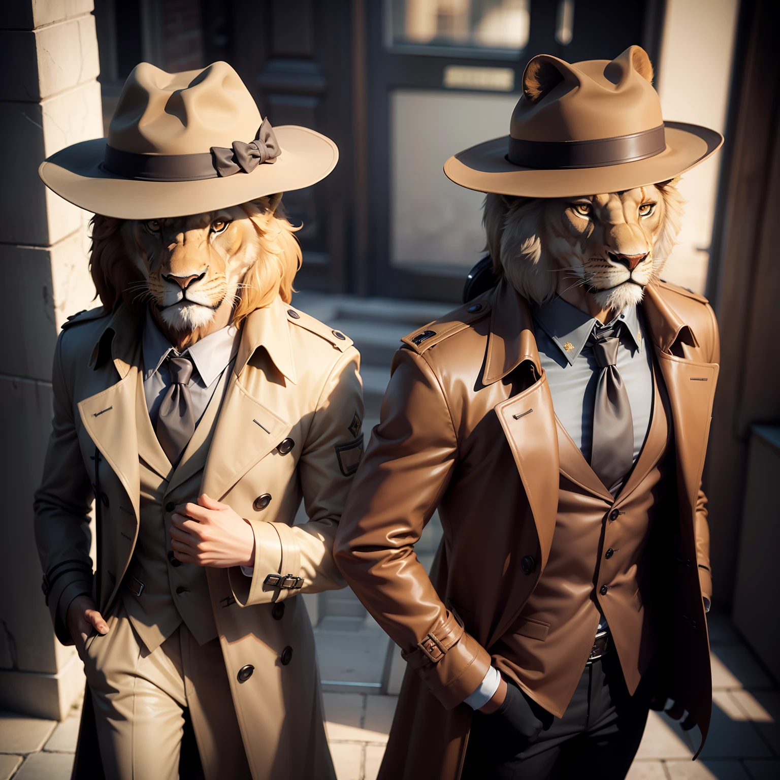 Anthropomorphic lions wearing a trench coat and fedora 3d