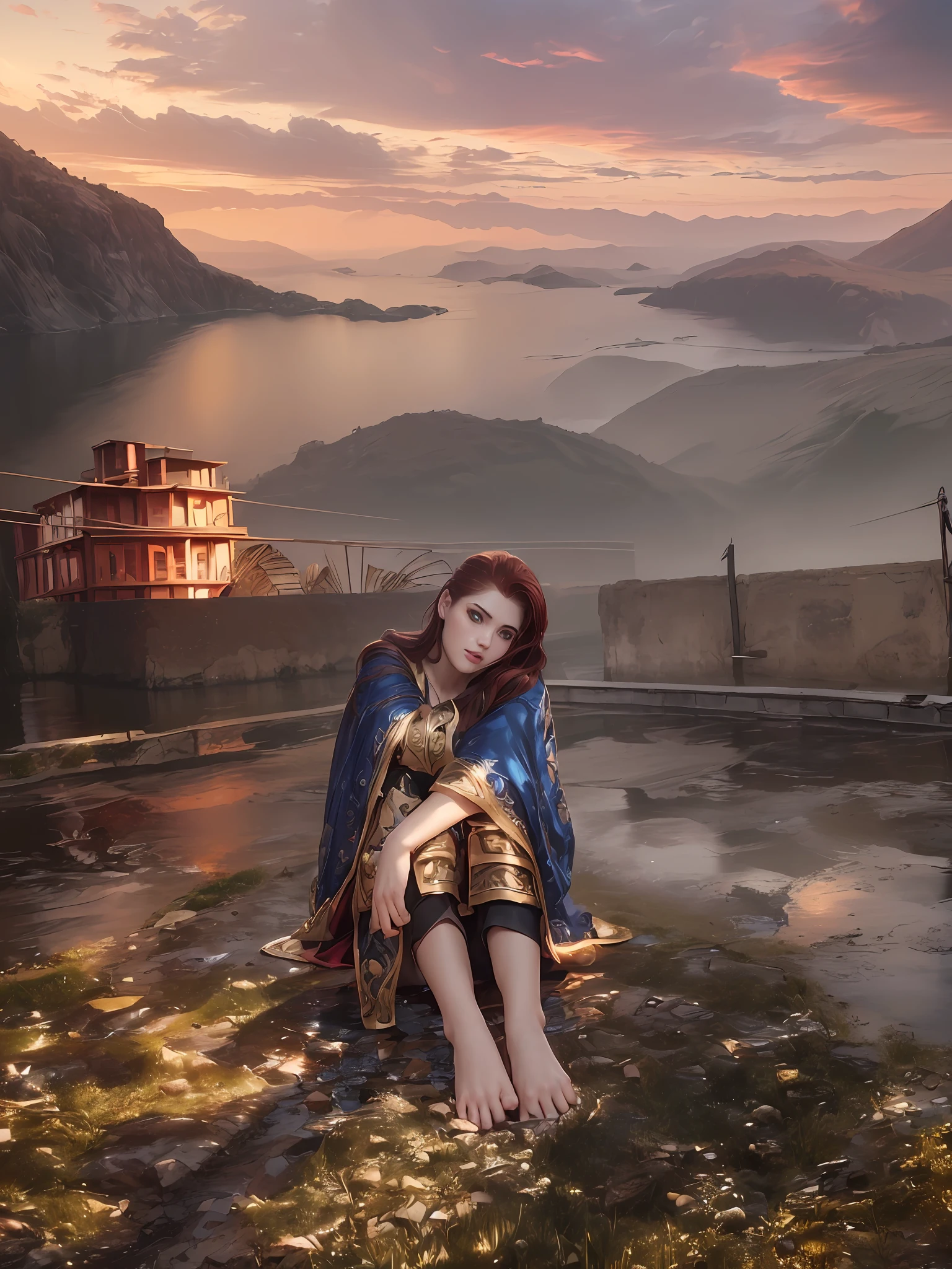 high quality fingers, normal hands, detailed fingers,masterpiece, (realistic, photo-realistic:1.37), (22 years old woman), katarina from league of legends, medium breast, small waist, dark red hair, blue eyes, beautiful face, perfect illumination, beautiful detailed eyes,looking at viewer, stunningly beautiful woman, detailed hairstyle, detailed background,shorts, detailed fantasy background, (sweat:1)