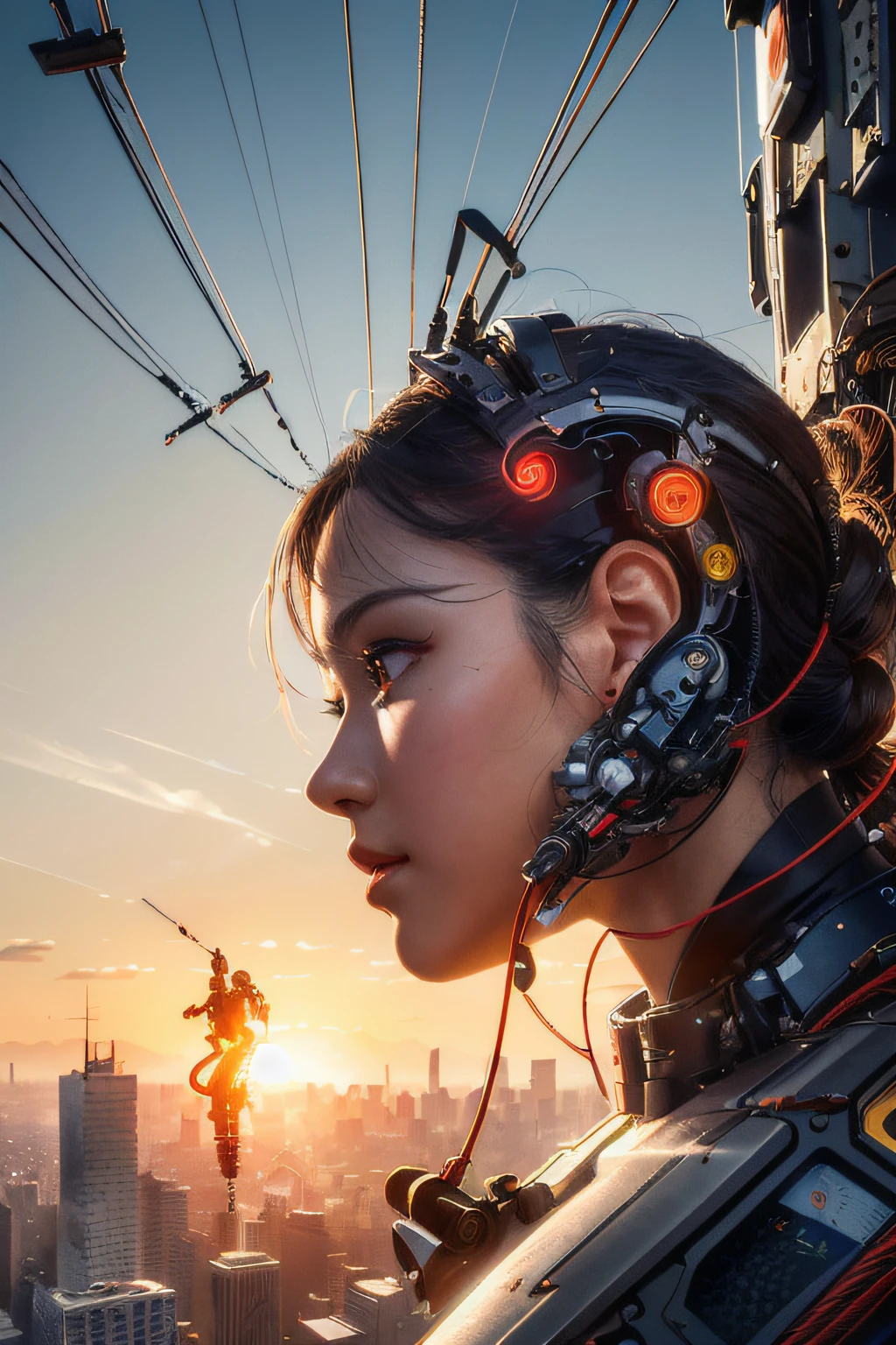 (((masterpiece))), (((best quality))), ((ultra-detailed)), (highly detailed CG illustration), ((an extremely delicate and beautiful)),(from side),cinematic light,((1mechanical girl)),solo,half body,(machine made joints:1.2),((machanical limbs)),(blood vessels connected to tubes),(mechanical vertebra attaching to back),((mechanical cervial attaching to neck)),(sitting),expressionless,(wires and cables attaching to neck:1.2),(wires and cables on head:1.2)(character focus),science fiction,city background, extreme detailed,colorful,highest detailed,(face shadow (extra detailed,best performance)), laser eyes (detailed red))fire in holes of hands)