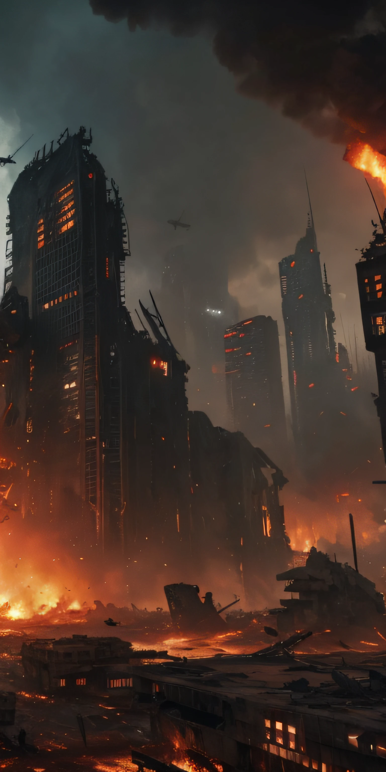 a ruined futuristic metropolis with collapsed buildings and fires while enemy bombers fly overhead, realistic, 4k, chaotic, apocalyptic