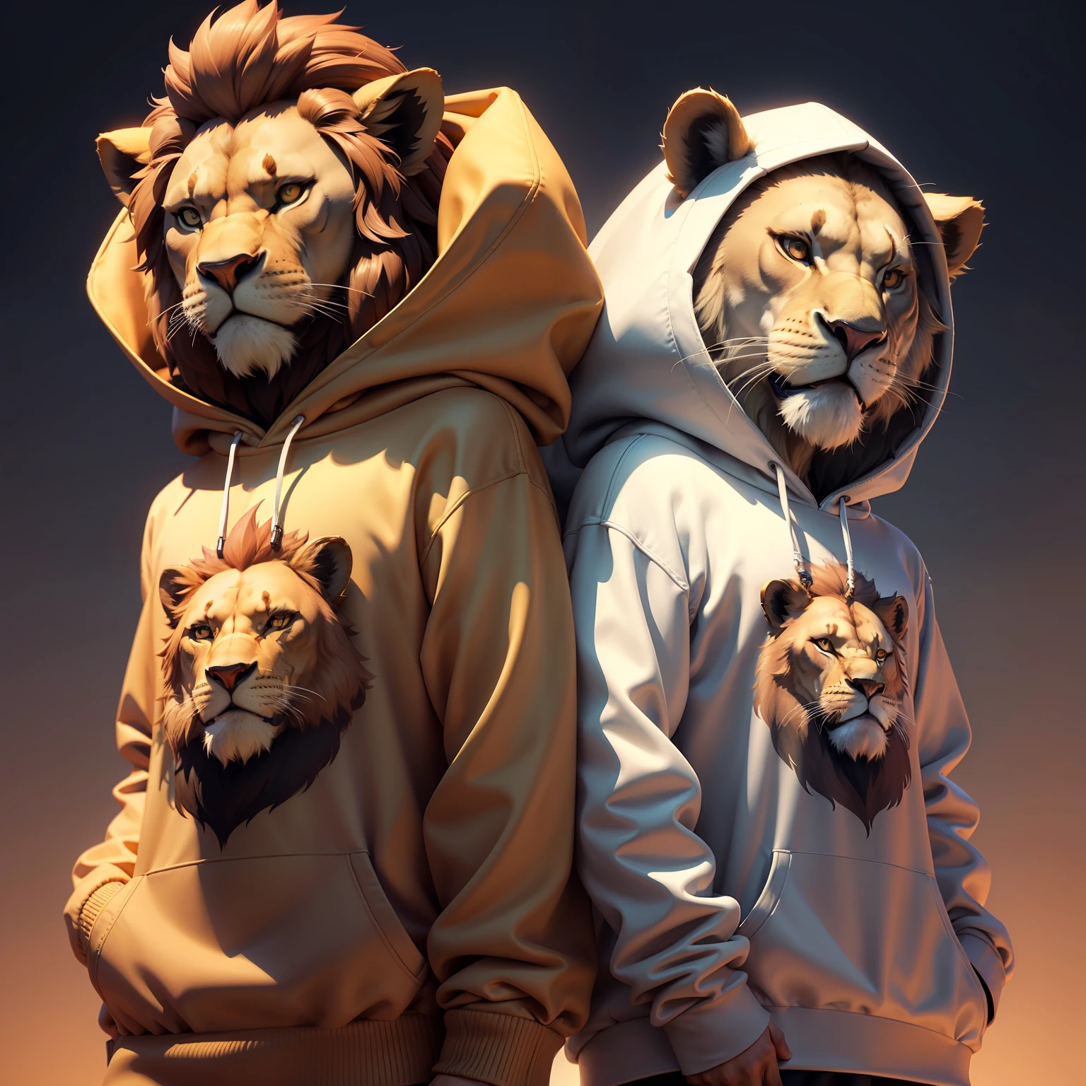 Anthropomorphic lions wearing sweatshirt 3d