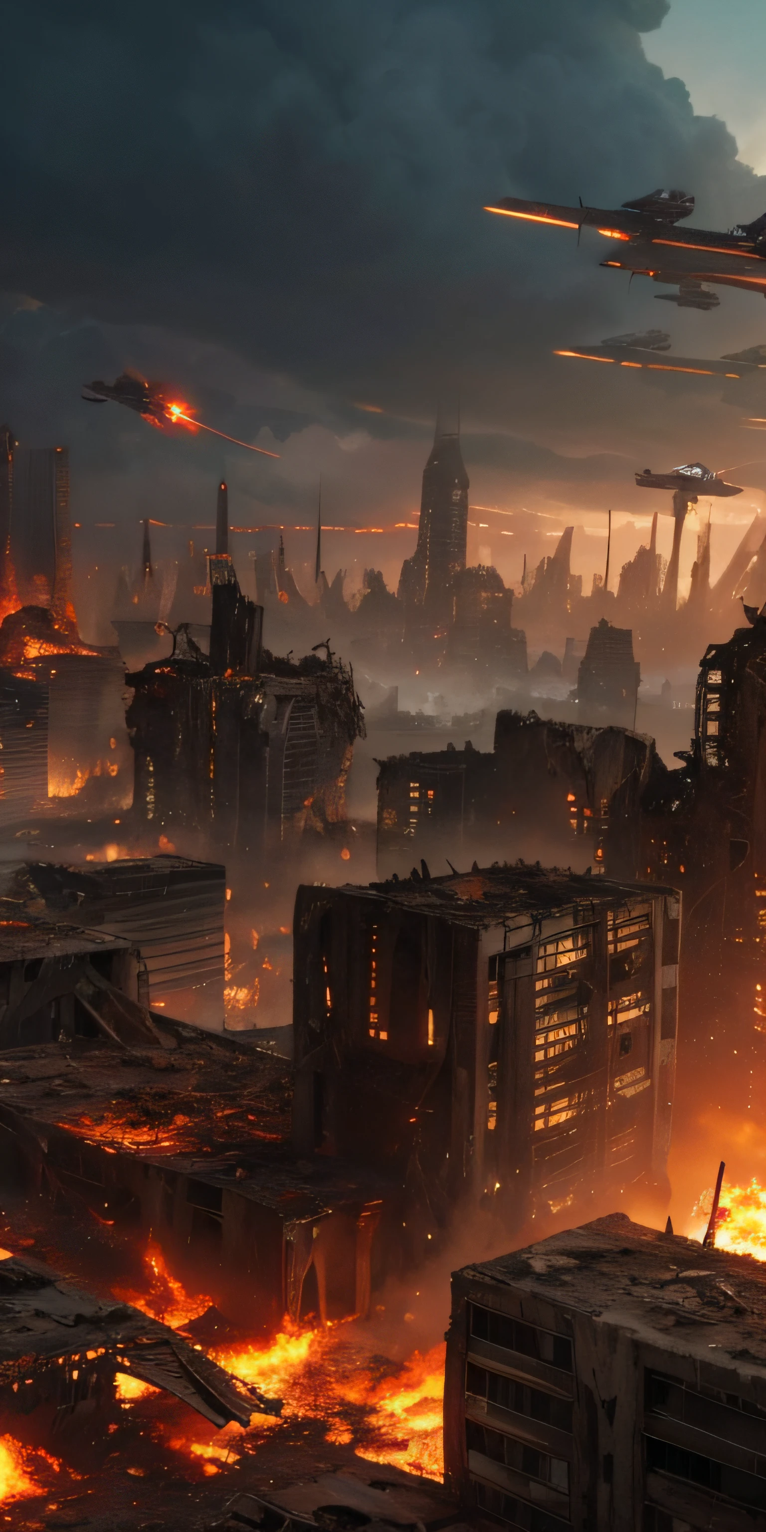 a ruined futuristic metropolis with collapsed buildings and fires while enemy bombers fly overhead, realistic, 4k, chaotic, apocalyptic