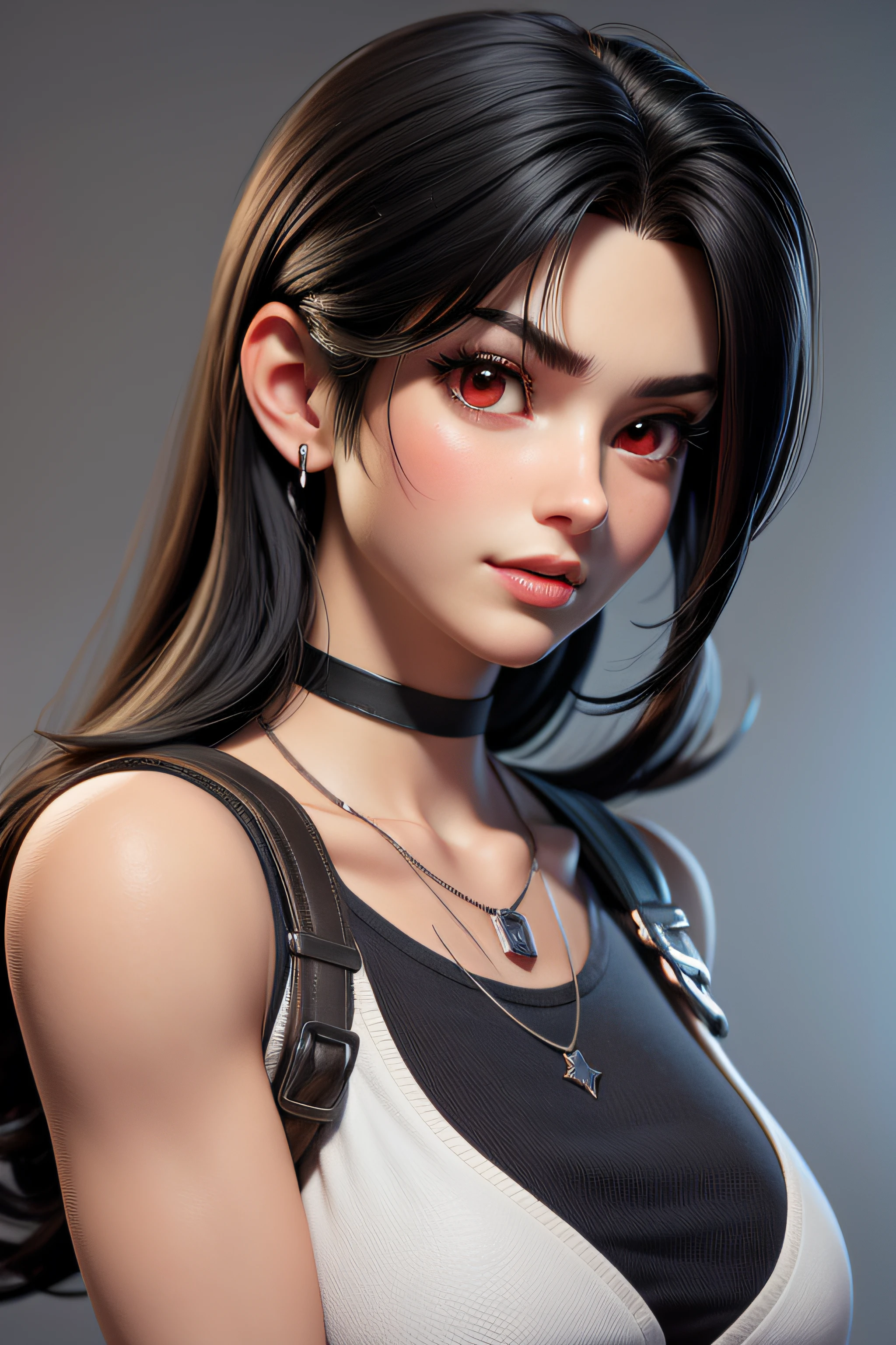 masterpiece, best quality,3d rending work ,3DMM style,close-up,portrait, 3D,1girl, solo, black hair, necklace, jewelry, looking to the side, realistic, upper body, simple background, bangs, looking away, long black hair, parted lips, choker, makeup, mole, white tank top, red eyes, tifa lockhart