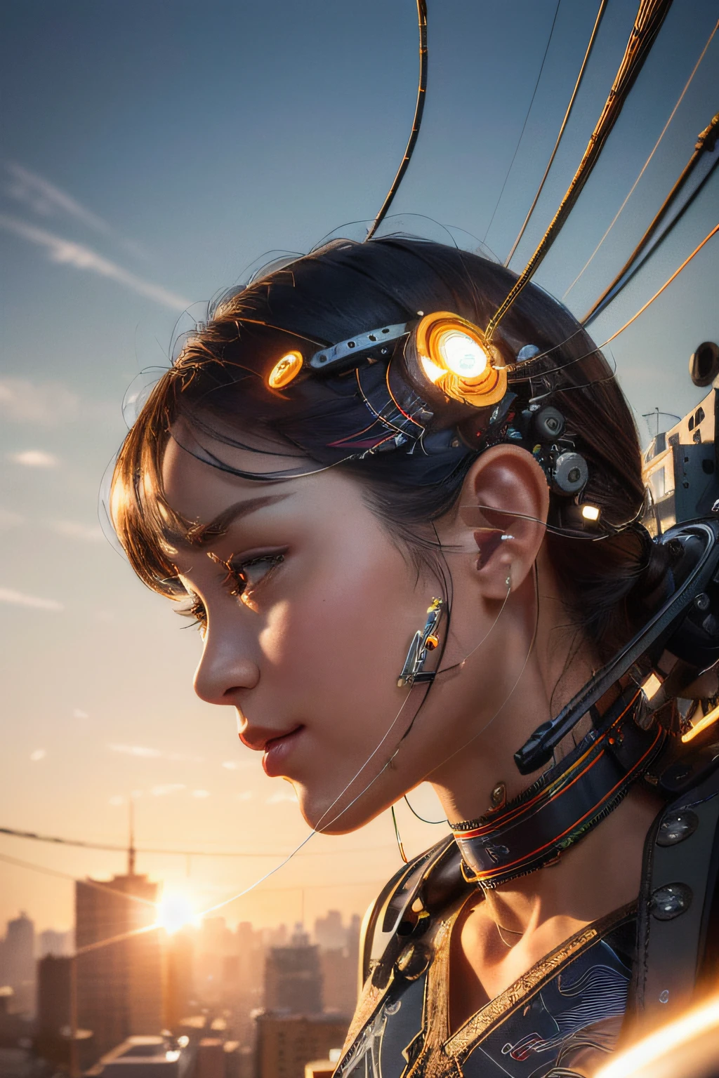 (((masterpiece))), (((best quality))), ((ultra-detailed)), (highly detailed CG illustration), ((an extremely delicate and beautiful)),(from side),cinematic light,((1mechanical girl)),solo,half body,(machine made joints:1.2),((machanical limbs)),(blood vessels connected to tubes),(mechanical vertebra attaching to back),((mechanical cervial attaching to neck)),(sitting),expressionless,(wires and cables attaching to neck:1.2),(wires and cables on head:1.2)(character focus),science fiction,city background, extreme detailed,colorful,highest detailed,(face shadow (extra detailed,best performance)), laser eyes (detailed red))fire in holes of hands)