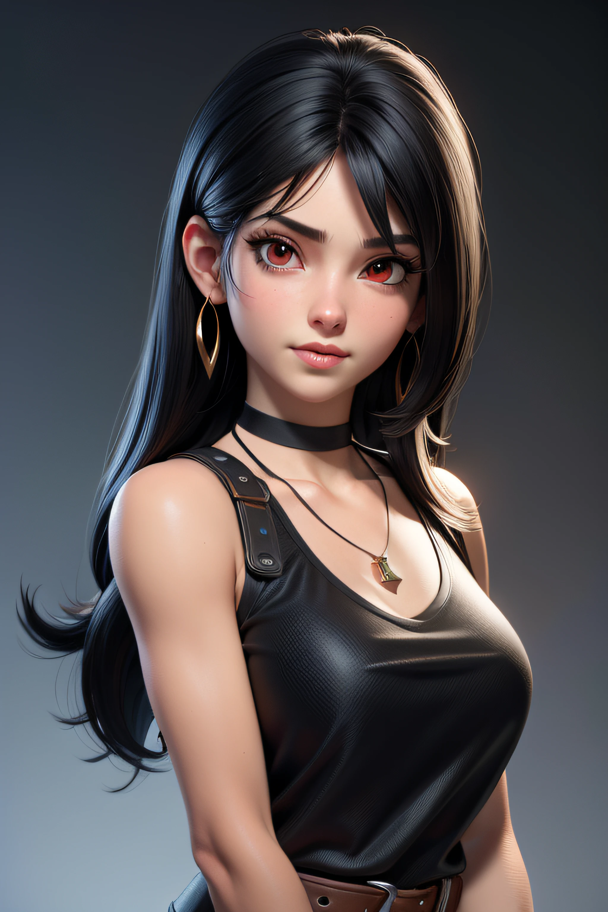 masterpiece, best quality,3d rending work ,3DMM style,close-up,portrait, 3D,1girl, solo, black hair, necklace, jewelry, looking to the side, realistic, upper body, simple background, bangs, looking away, long black hair, parted lips, choker, makeup, mole, white tank top, red eyes, tifa lockhart