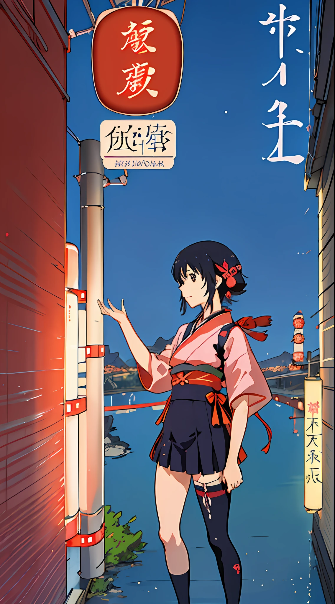masterpiece movie poster Kimi No Na Wa anime film by Makoto Shinkai landscape format intricately detailed vector illustration of Mitsuha and Taki reaching for each other split composition glowing red ribbon connects their hands title and credits typography with Japanese kanji characters and English text drama romance tagline "A story transcending time and distance" placed prominently delicate pencil sketch textures and soft lighting create hand-drawn aesthetic rendered in extremely high resolution with vibrant neon pink and blue palette vector lines and subtle grain evoke traditional Japanese art