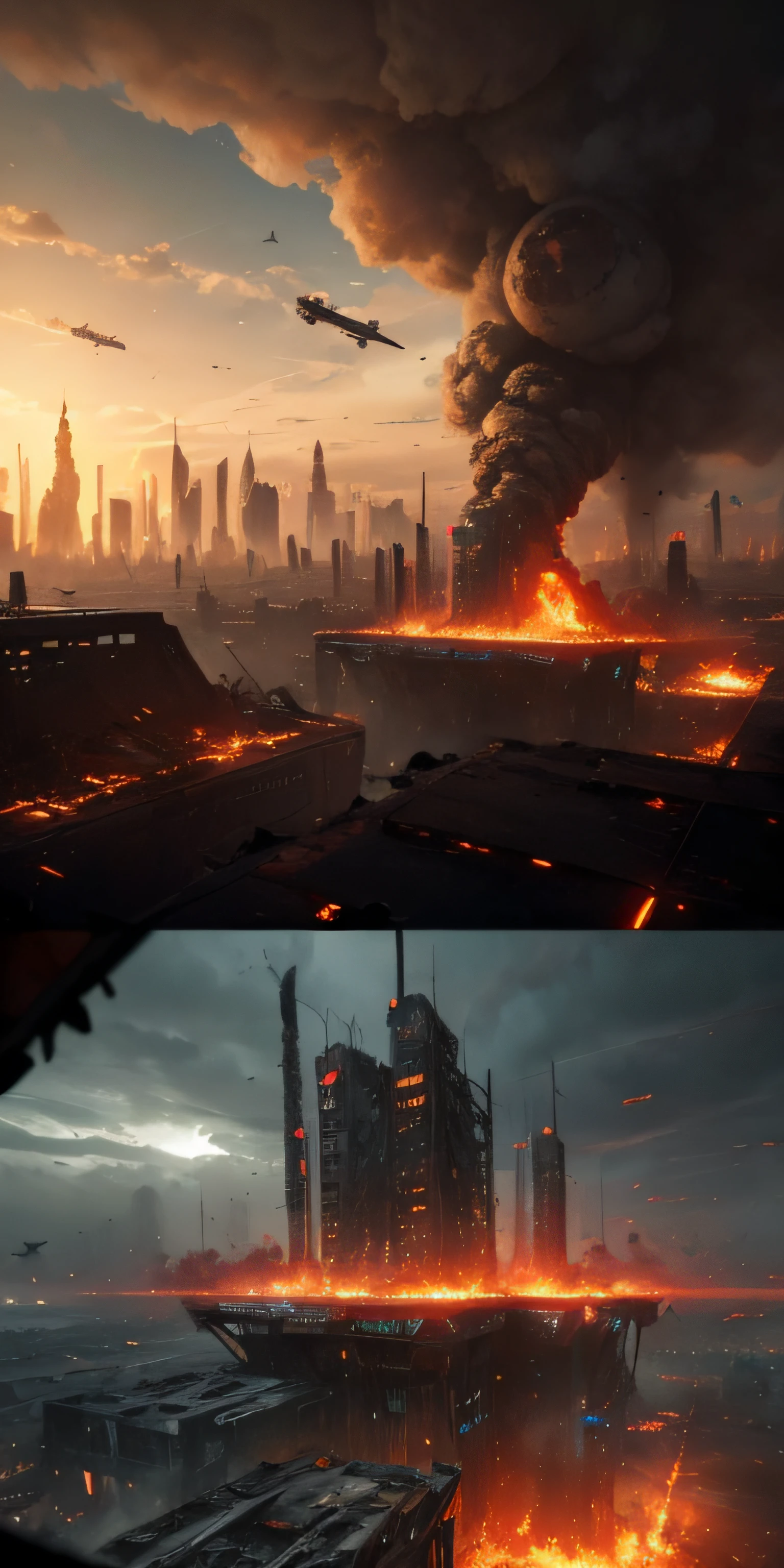 a ruined futuristic metropolis with collapsed buildings and fires while enemy bombers fly overhead, realistic, 4k, chaotic, apocalyptic