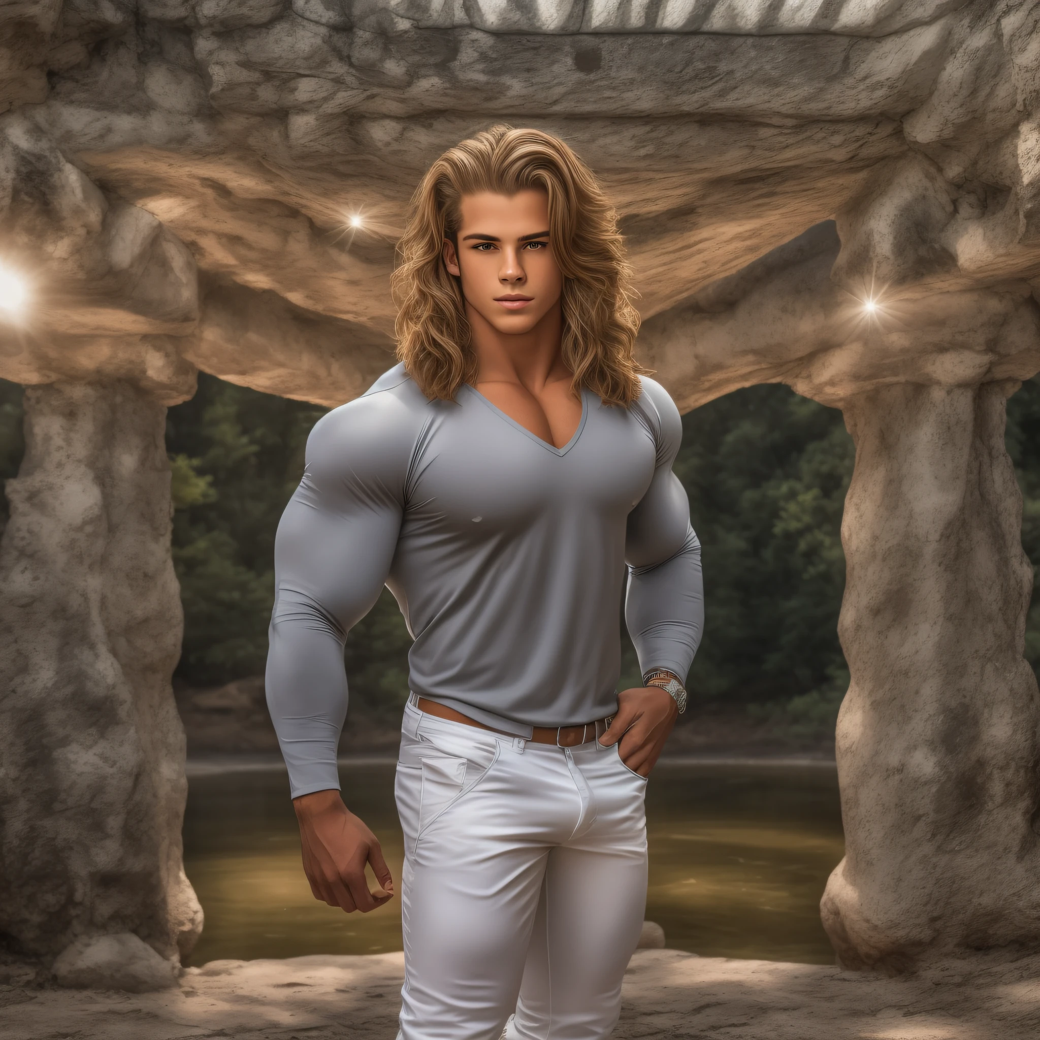 An 18-year-old boy bodybuilder, embodying the perfect fusion of Joey Lawrence and Cody Calafiore with long hair, exuding an aura of strength and confidence. Enhanced with HDR technology, this image depicts a true masterpiece, 4K resolution, outdoor lighting, majestic pose, perfect muscle structure, in the style of Modern Bride Magazine, low-cut midriff