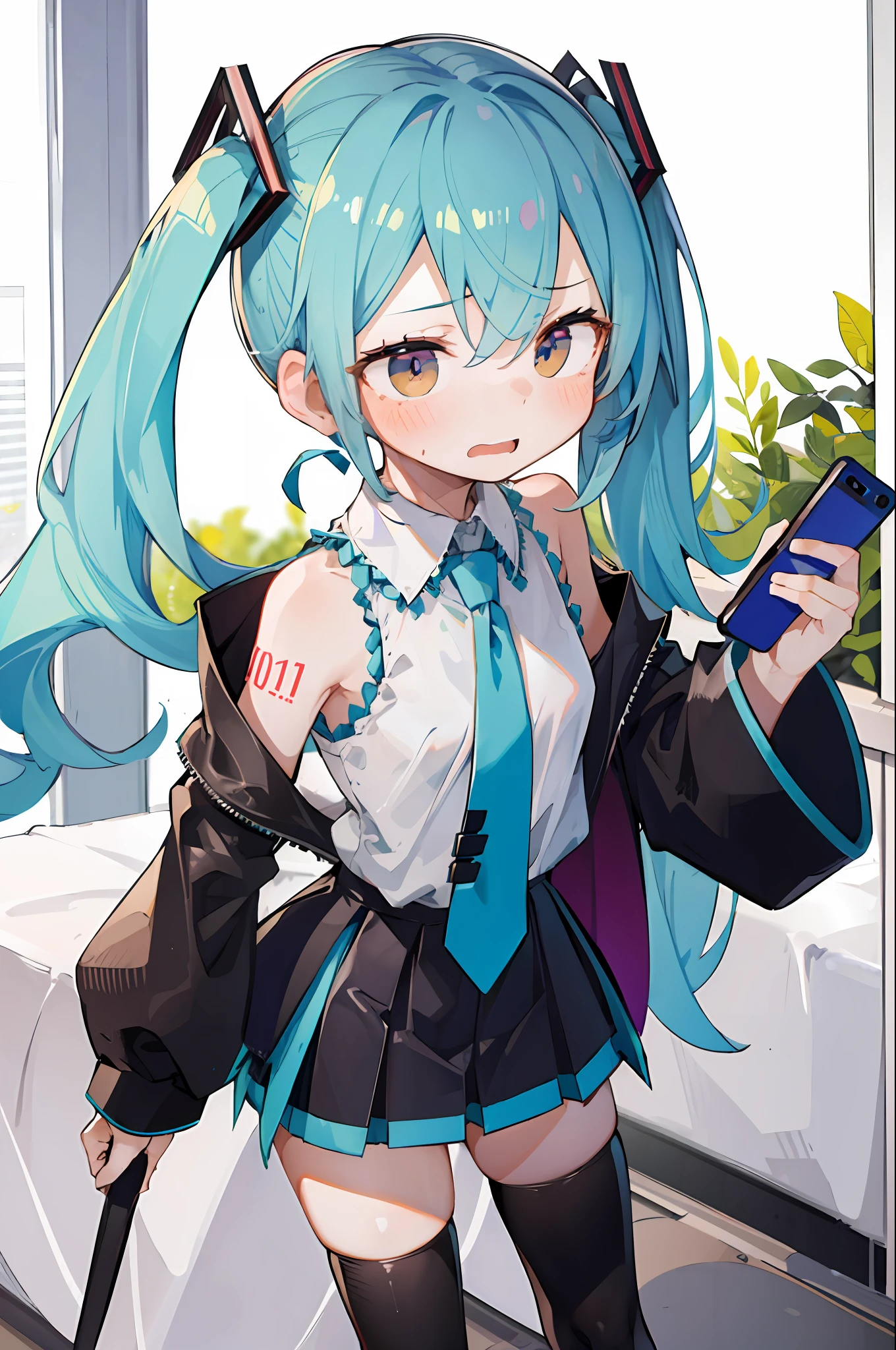 (masterpiece, best quality:1.3), 1boy, bangs, blue_hair, blush, brown_eyes, bulge, cosplay, crossdressing, detached_sleeves, embarrassed, eyelashes, hatsune_miku_(cosplay), holding, holding_phone, indoors, male_focus, mirror, necktie, otoko_no_ko, phone, pleated_skirt, selfie, shirt, skirt, sleeveless, sleeveless_shirt, solo, spring_onion, standing, sweat, thighhighs, twintails, umbrella, wig