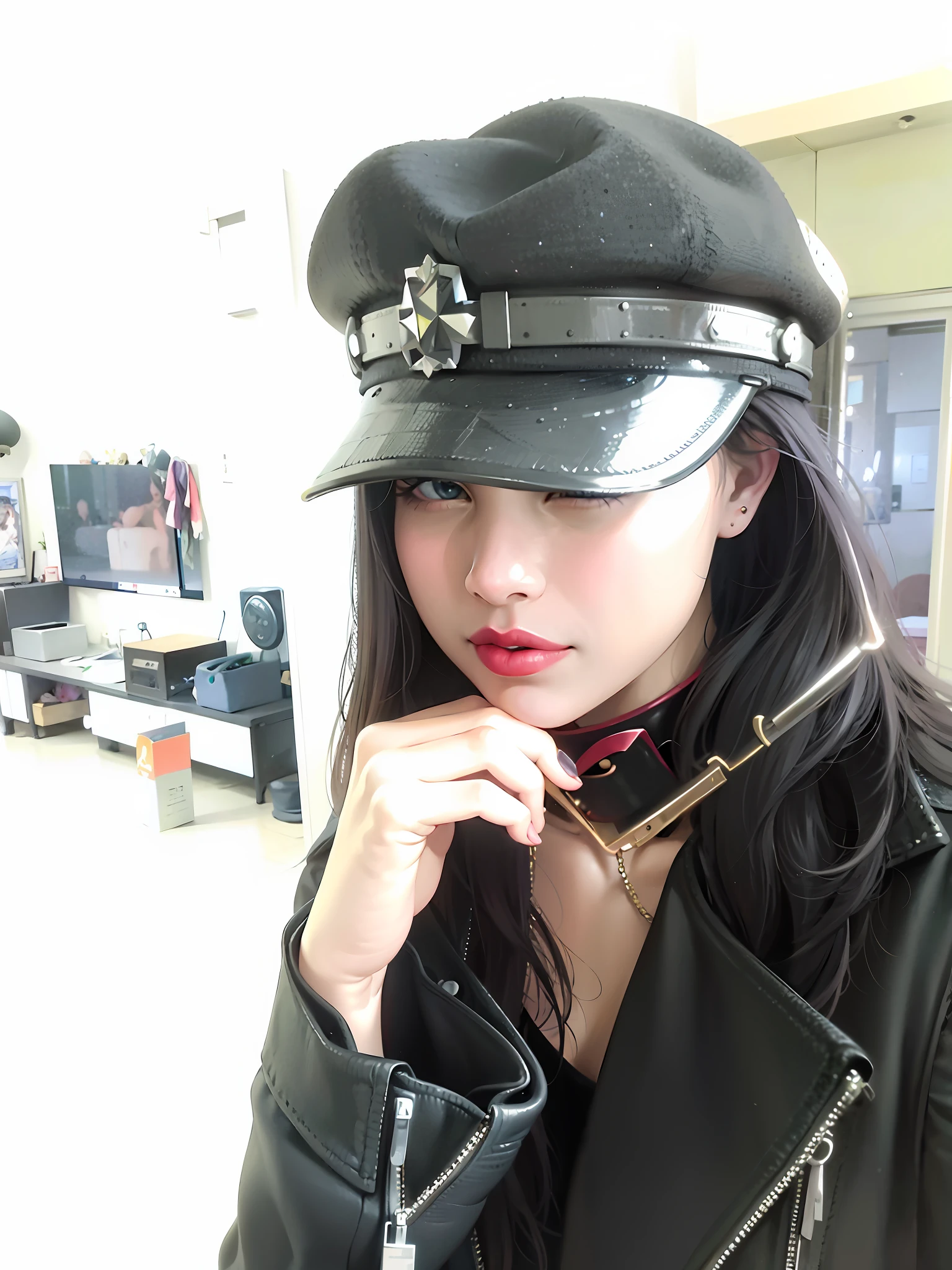 Royal sister,woman with hat,Woman in leather jacket,Woman with a collar,Woman wearing crimson lipstick