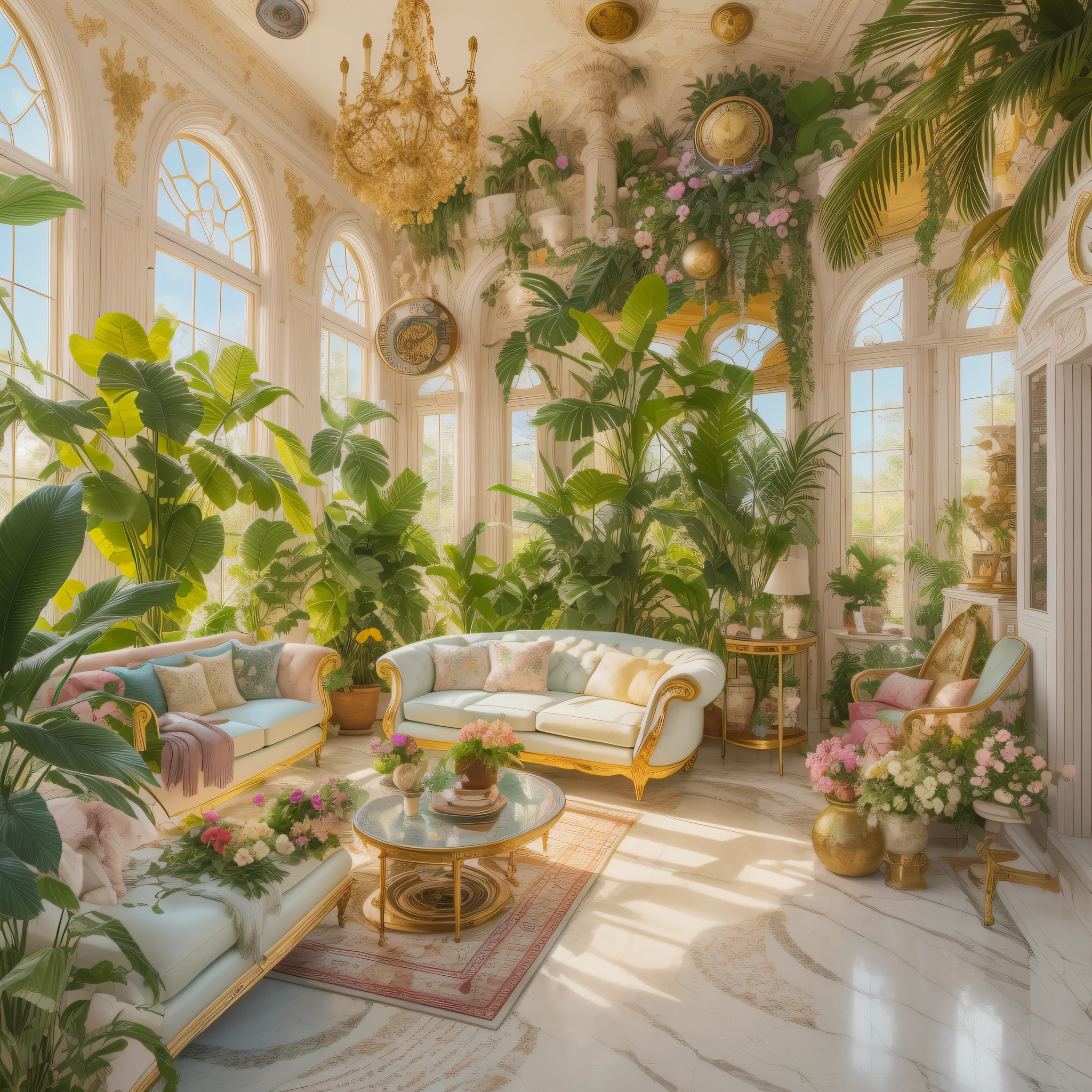 Architectural Digest photo of a maximalist white {vaporwave/steampunk/solarpunk} living room with lots of flowers and plants, golden light, hyperrealistic surrealism, award winning masterpiece with incredible details, epic stunning