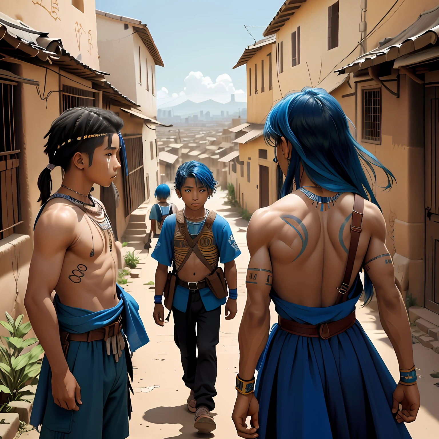 un grupo de 3 amigos cabello color azul, are and 14They are side by side ready to fend off the enemy army as they invade the city 14 years of bl.., The 14-year-old boy with saigair w his back uncovered and his chest bare but dressed in typical clothes of ancient Egypt with dark skin walking lost through the different streets of a city is noon. doferentes angulos mira la ciudad desde lo slto de una colina.