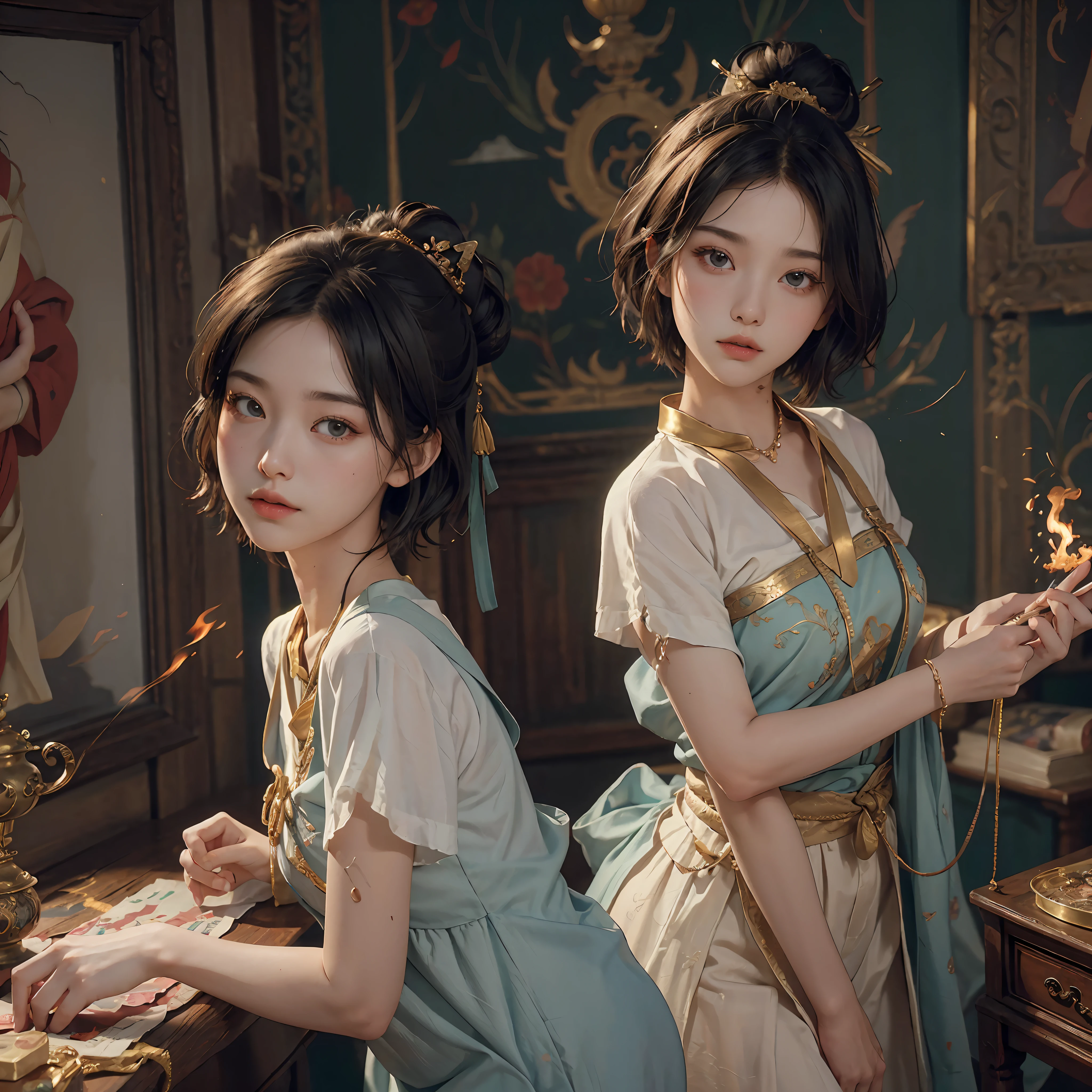 (RAW Photography、top-quality)、(realisitic、Photorealsitic:1.3)、top-quality、high-detail、​masterpiece、ultra-detailliert、illustratio、1girl、((very_short_hair))、dynamic ungle、world masterpiece theater、messy_black_hair、top-quality、the Extremely Detailed CG Unity 8K Wallpapers、inky、magnifica、电影灯光、lens_flare、dunhuang_style